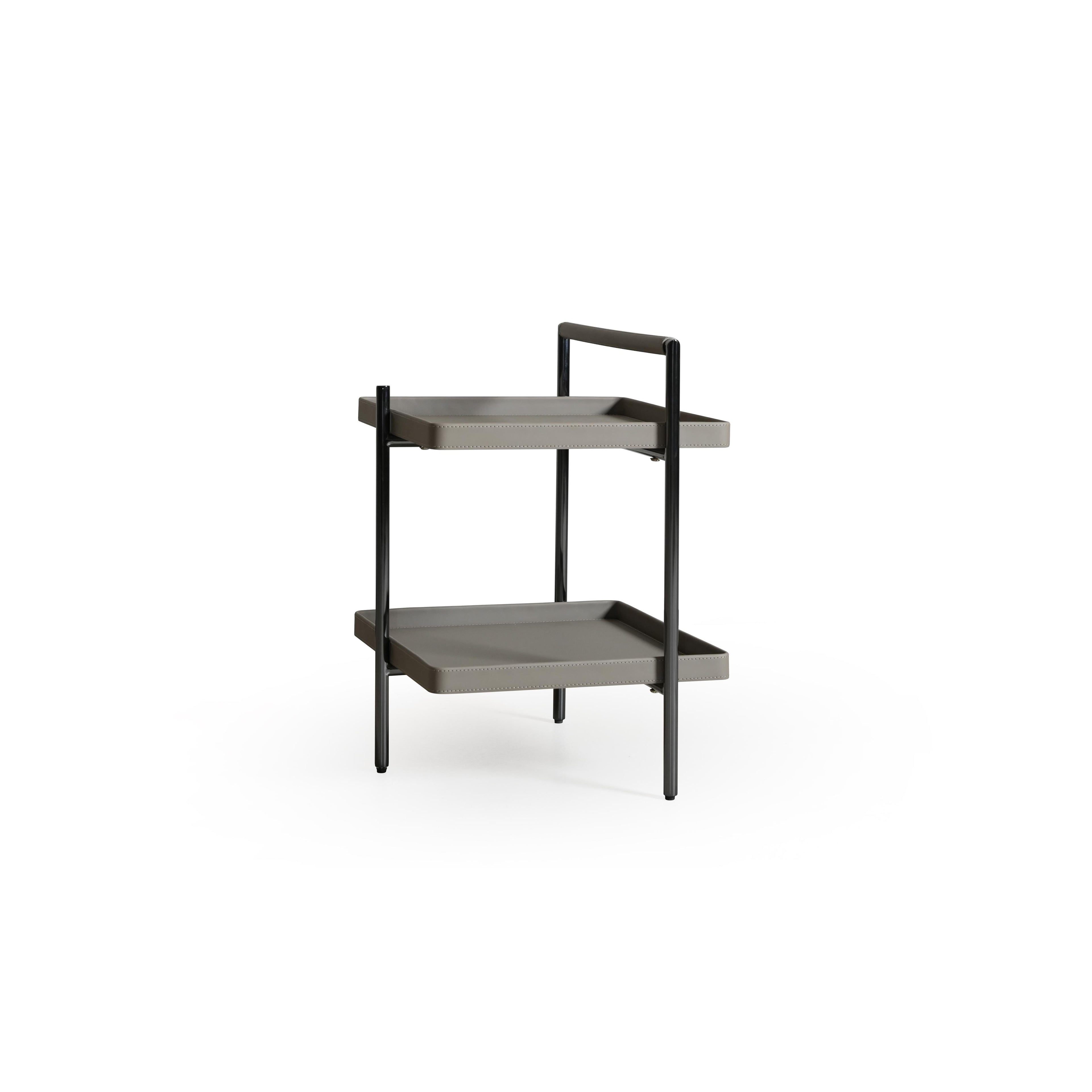 Two-tiered serving cart with matte gray trays and black metal legs and frame. Each tray has visible stitching along edges. Top tray includes a handle. Designed for carrying or displaying items. Category: Furniture > Tables > Serving Tables