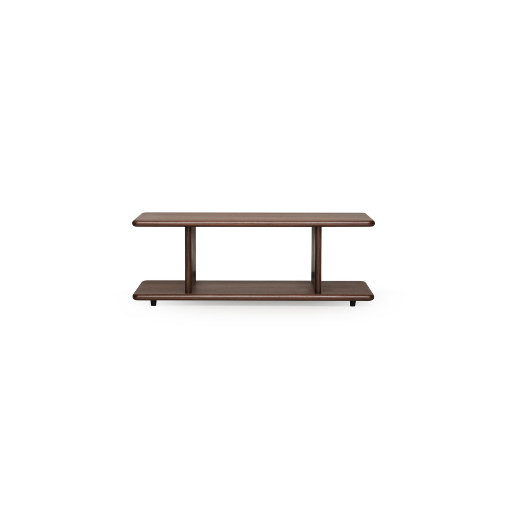Two-tier wooden console table with dark brown finish, rectangular top and bottom shelves supported by two vertical legs, each leg ending in small black feet; intended for hallway or entryway display or storage; wood grain texture visible on surfaces. Category: furniture/console-tables