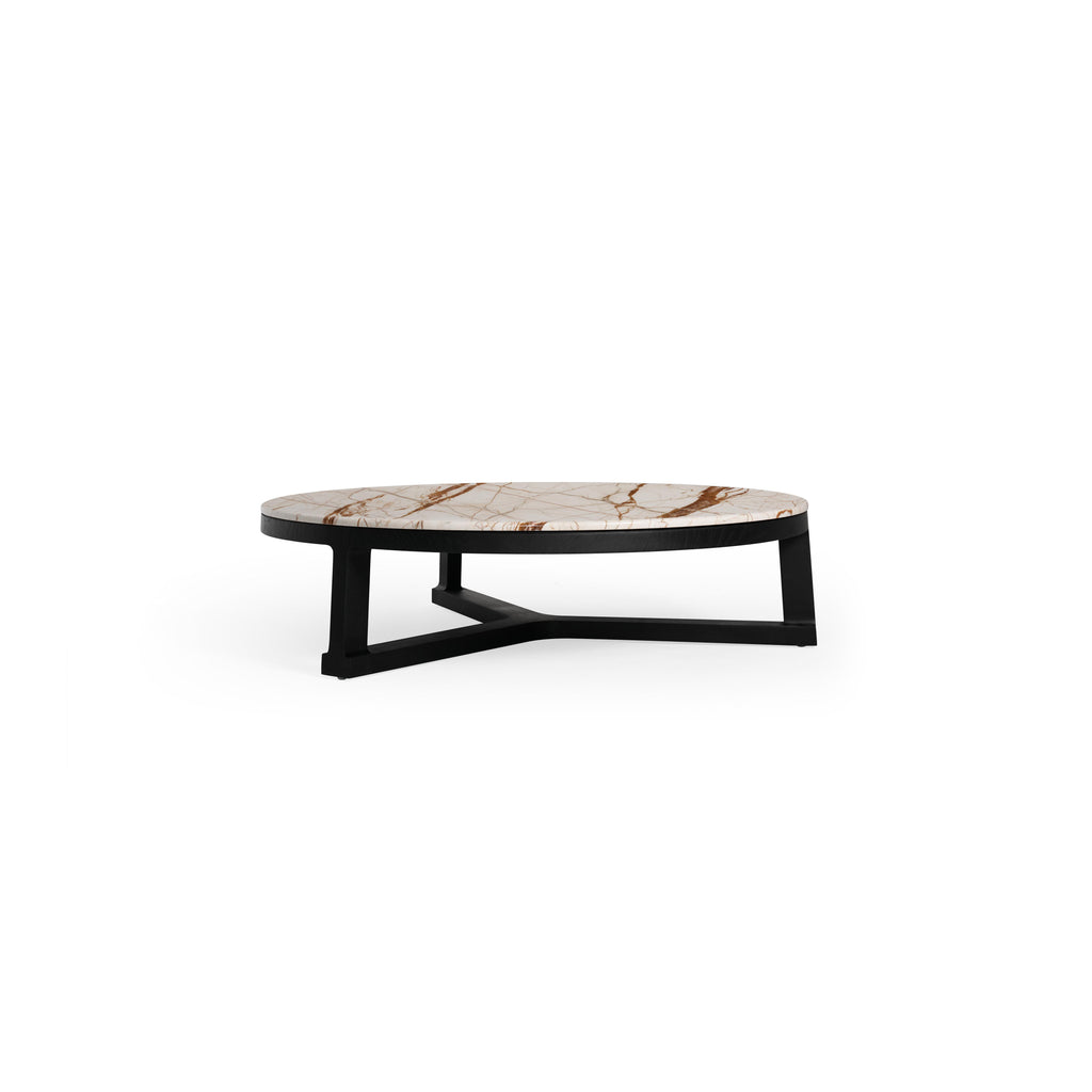 Round side table with dark gray marble top and black-stained wooden legs forming a central support structure. Minimalist design with visible wood grain on legs. Intended for placing small items. Category: furniture/tables/side-tables