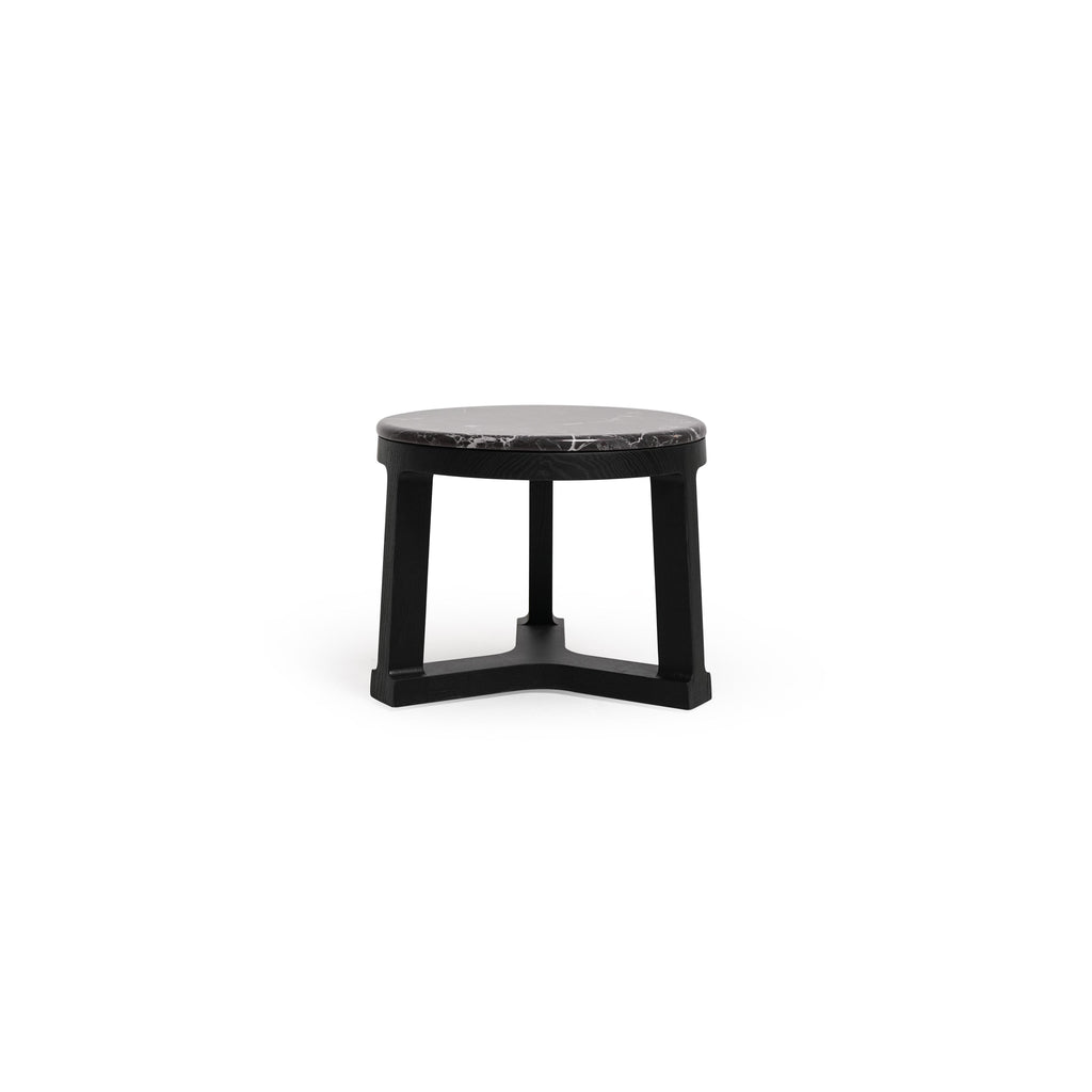 Round side table with dark gray marble top and black-stained wooden legs forming a central support structure. Minimalist design with visible wood grain on legs. Intended for placing small items. Category: furniture/tables/side-tables