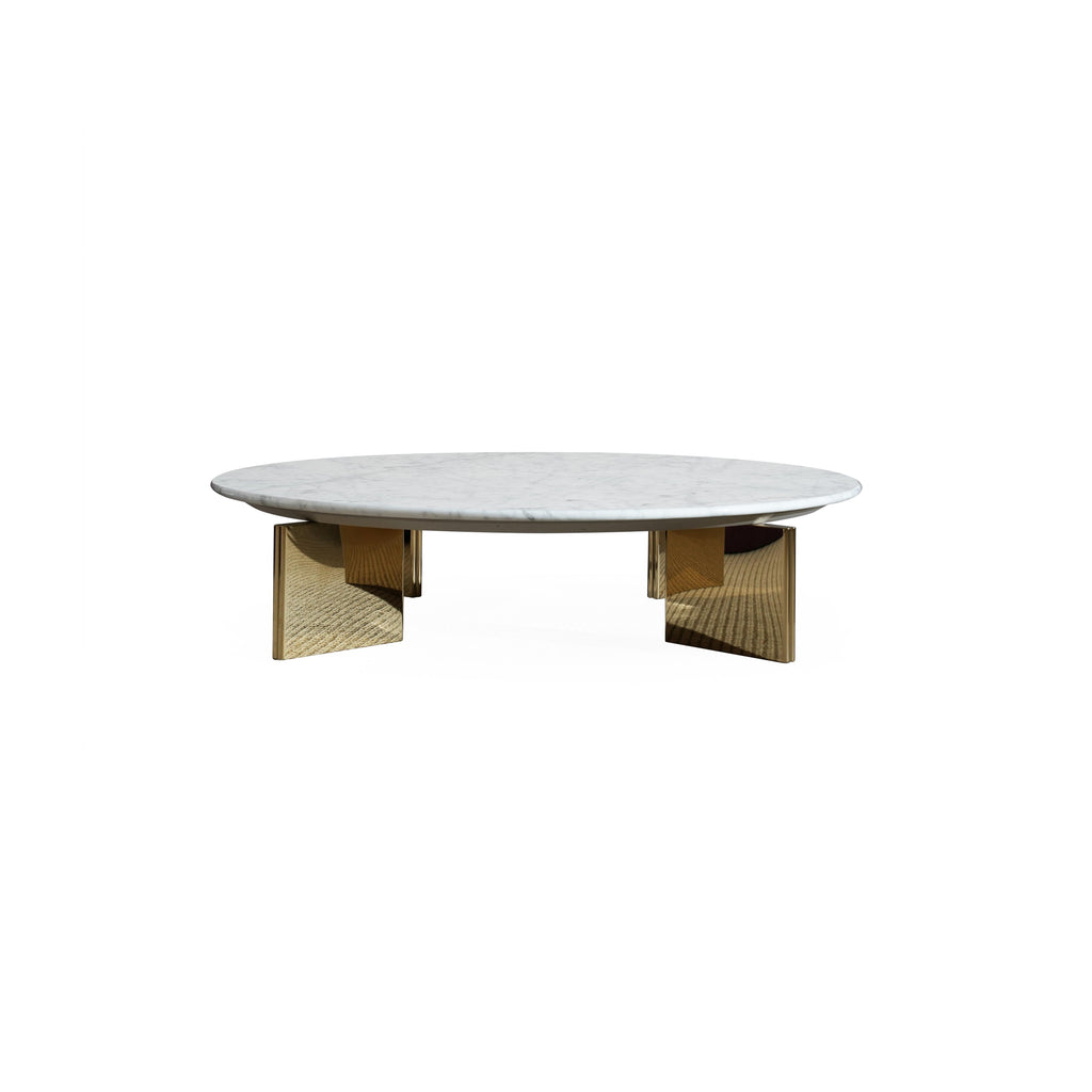 Round coffee table with white marble top and gold-toned metal legs; four rectangular legs support the surface; minimalist design for placing items; smooth marble texture and reflective metal finish; intended for use as a center table in living spaces; Category: Furniture > Coffee Tables