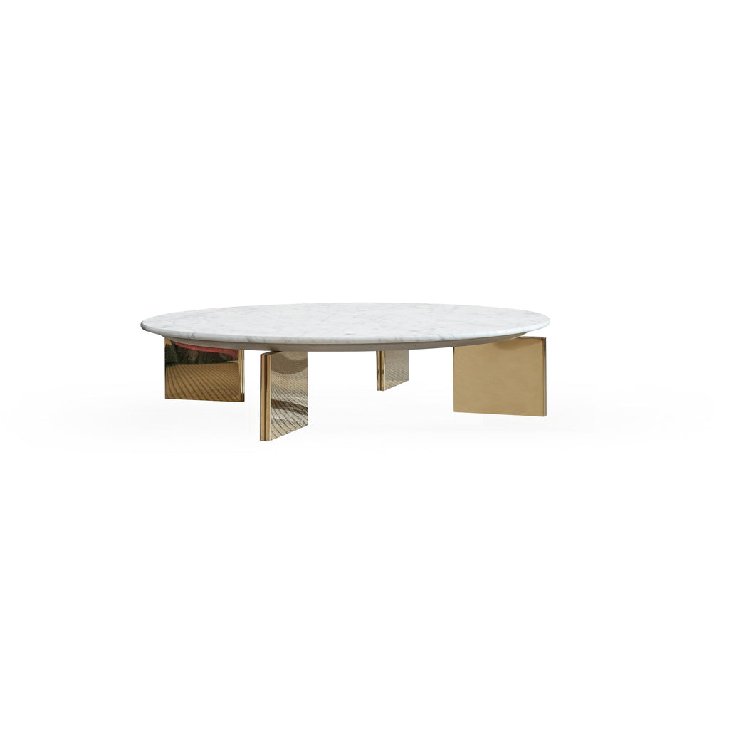 Round coffee table with white marble top and gold-toned metal legs; four rectangular legs support the surface; minimalist design for placing items; smooth marble texture and reflective metal finish; intended for use as a center table in living spaces; Category: Furniture > Coffee Tables