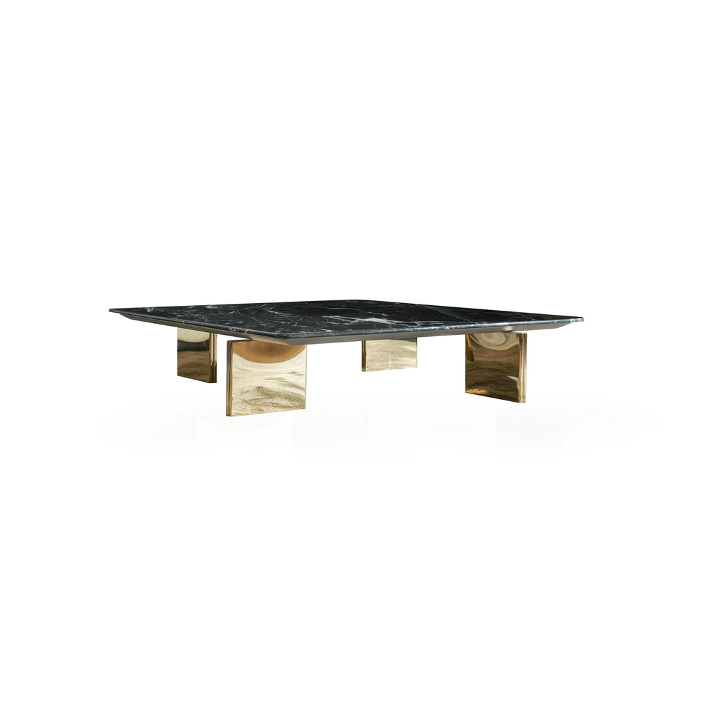 Rectangular coffee table with dark marble top and four polished brass legs; minimalist design with flat, square supports; intended for placing drinks or small items; Category: Furniture > Coffee Tables