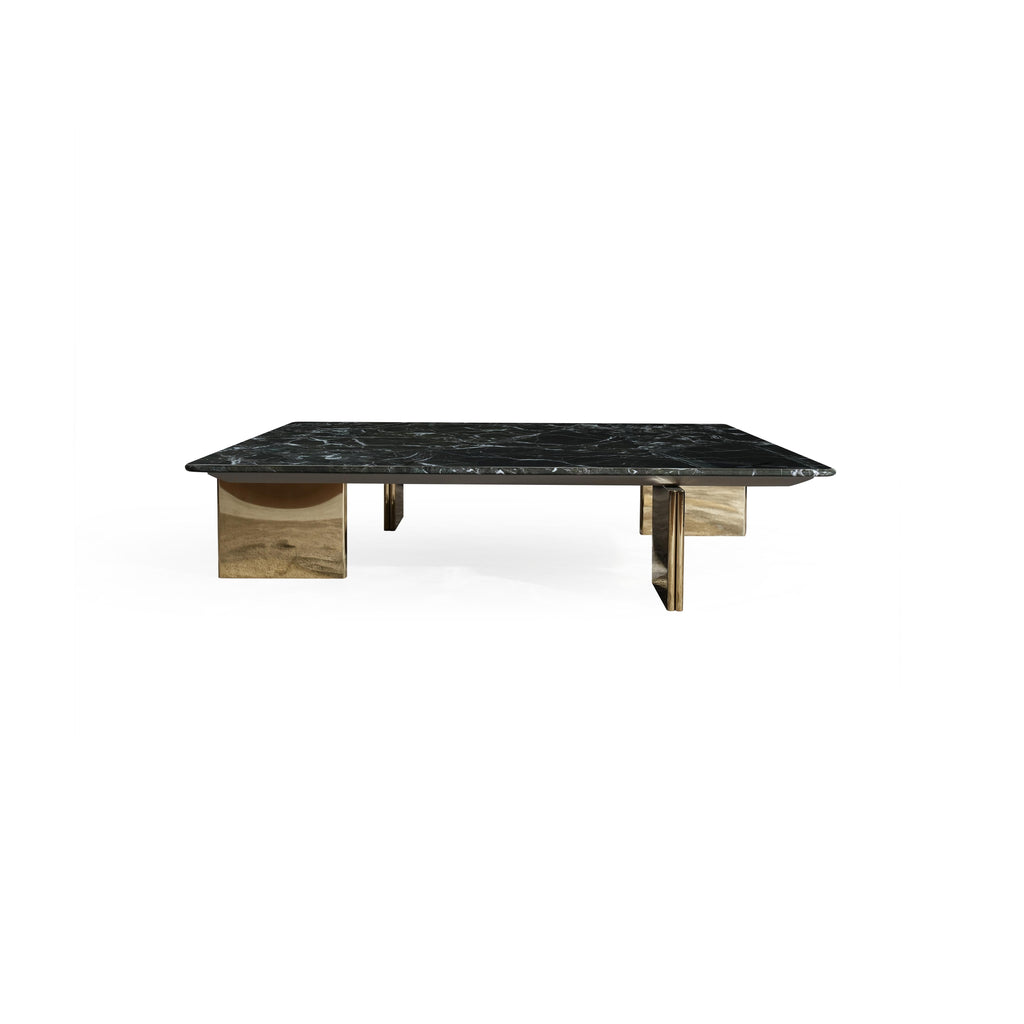 Rectangular coffee table with dark marble top and four polished brass legs; minimalist design with flat, square supports; intended for placing drinks or small items; Category: Furniture > Coffee Tables