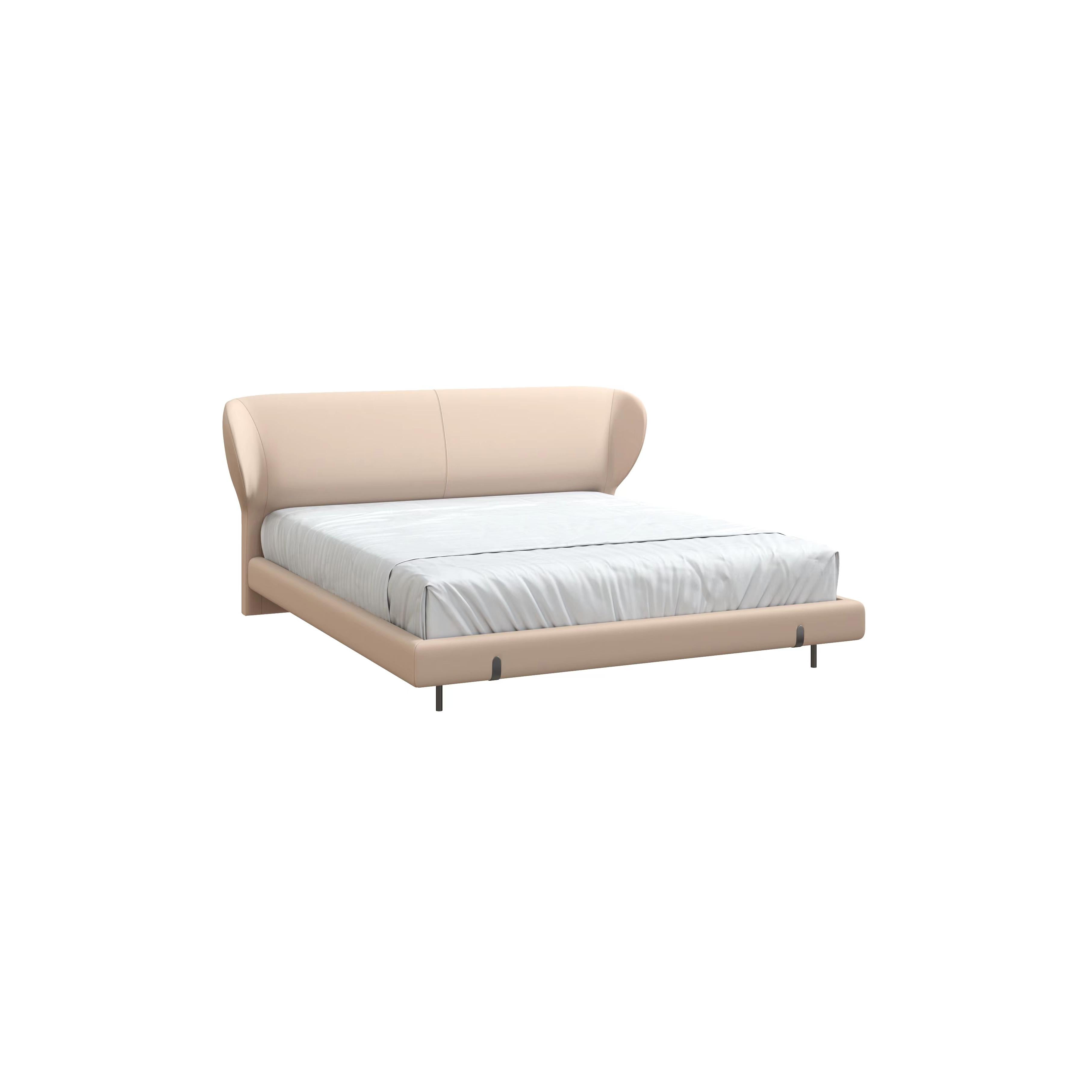 A upholstered bed with a curved, padded headboard and matching base, supported by four slender legs. It features a white mattress with visible stitching and a light beige fabric finish. Intended for sleeping, it has a streamlined, modern silhouette with minimalistic design elements. Category: furniture > beds > upholstered beds