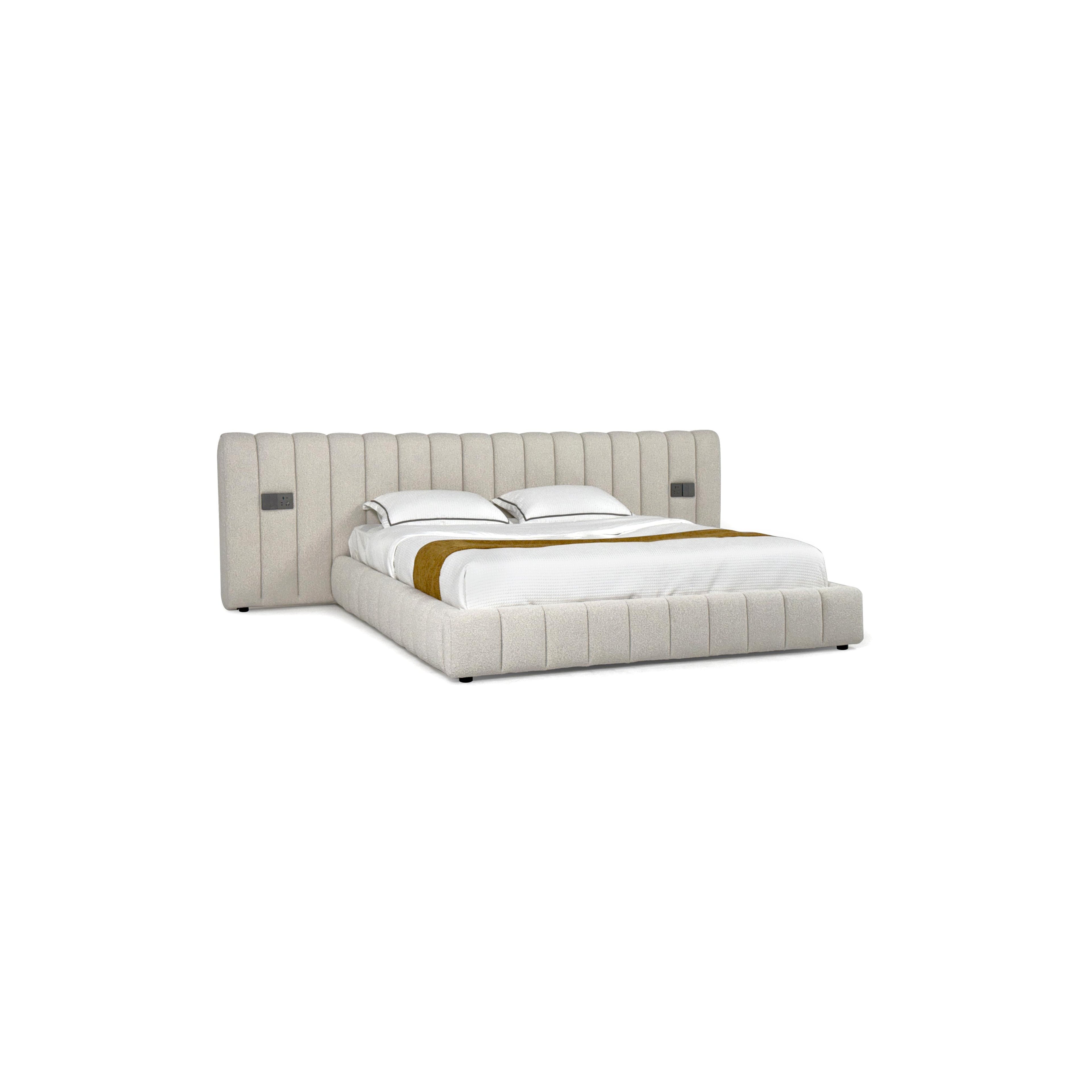 Tufted upholstered bed with a rectangular headboard and footboard, featuring vertical stitched panels, two white pillows, a white quilted mattress, and a mustard-colored throw. Black legs support the frame. Category: furniture > beds > upholstered beds