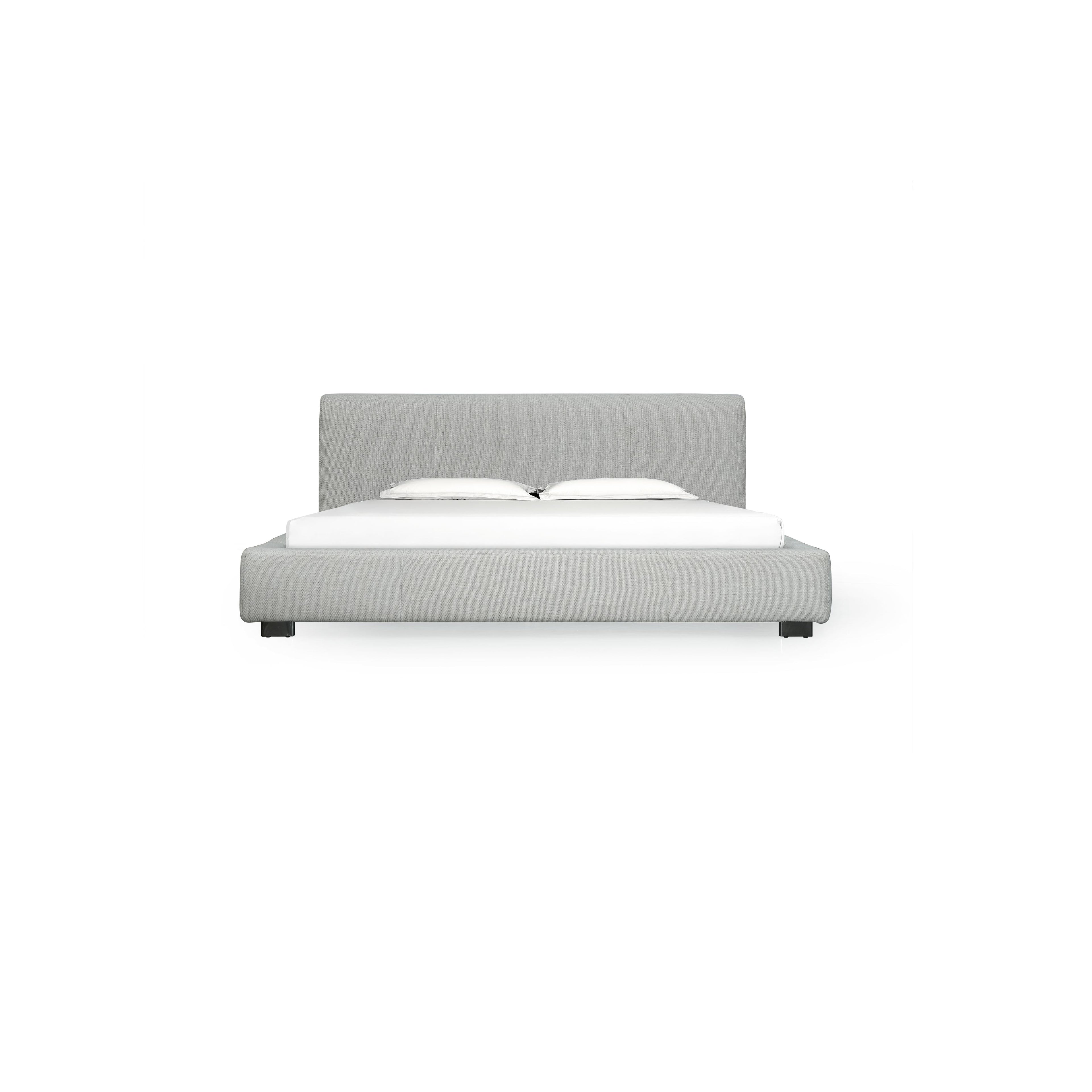 A upholstered bed with a rectangular headboard and footboard, featuring light gray fabric with subtle texture, four black legs, and two white pillows on a white mattress. Designed for sleeping, it has stitched seams and a low-profile frame. Category: furniture > beds > upholstered beds
