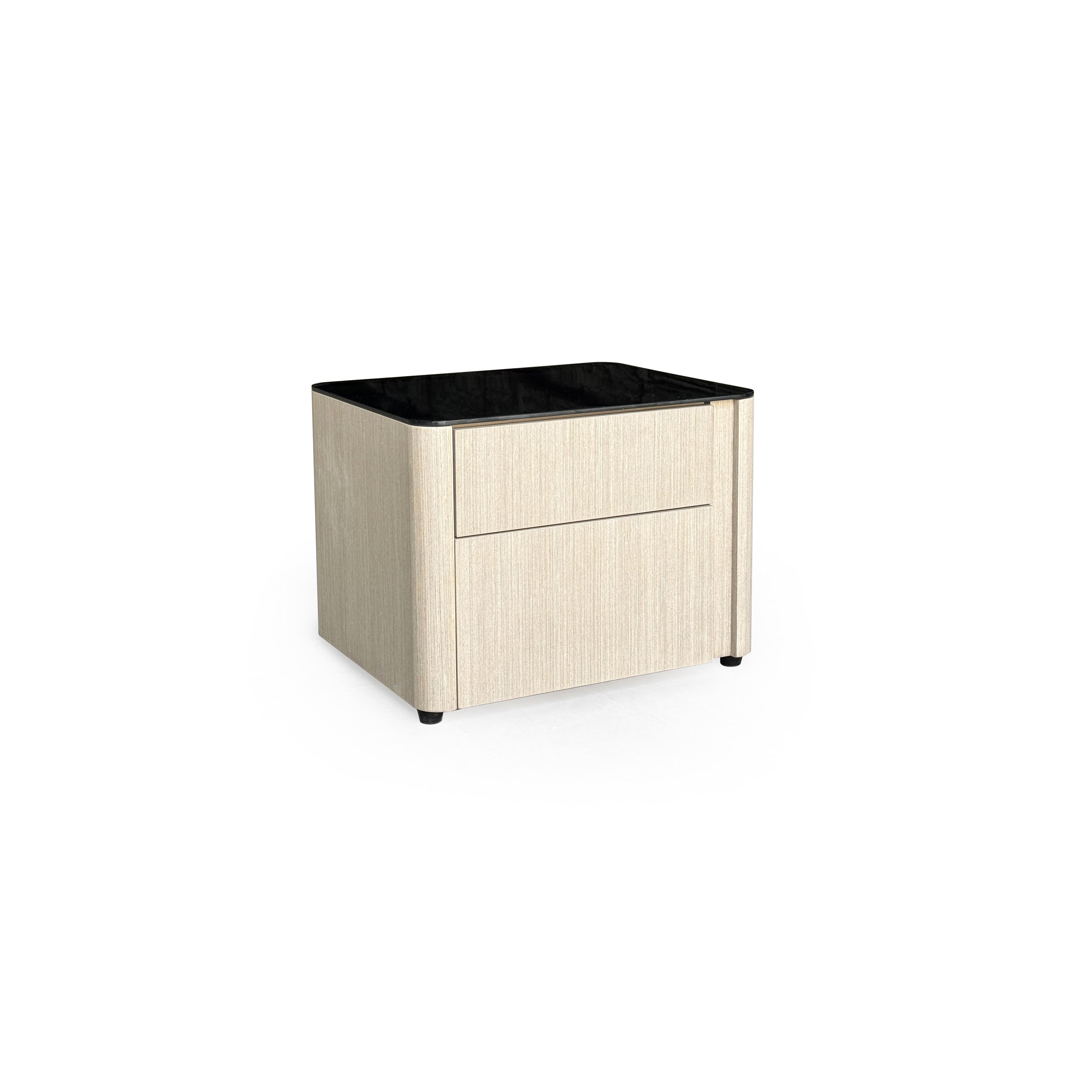 This is a two-drawer nightstand with a black glossy top and light wood-grain sides. It has rounded corners, four small black feet, and no visible handles. Designed for bedside storage, it features a flat front with vertical grain texture. Category: furniture/nightside-tables