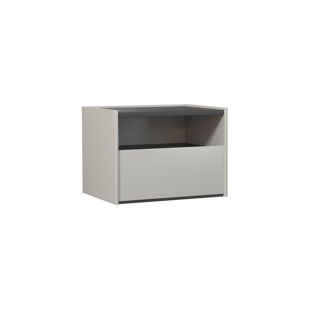 A wall-mounted nightstand with a light gray exterior and dark gray interior shelf and top surface. It features a single drawer with a flat front panel. No handles or visible fasteners. Intended for bedside storage. Category: furniture/nightside-tables