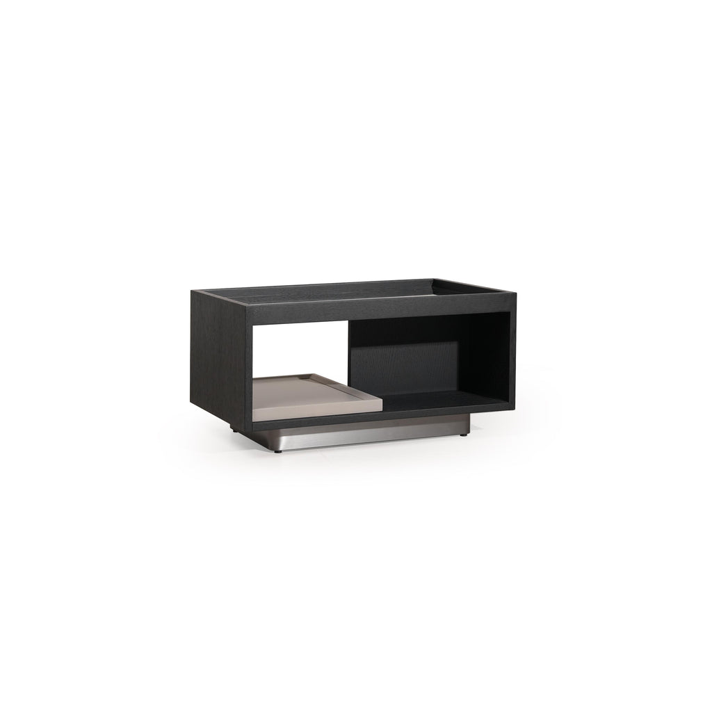 Black rectangular side table with open shelf and recessed compartment, supported by a cross-shaped base; matte finish, no visible texture or fabric; designed for holding items or displaying objects; Category: furniture/side-tables