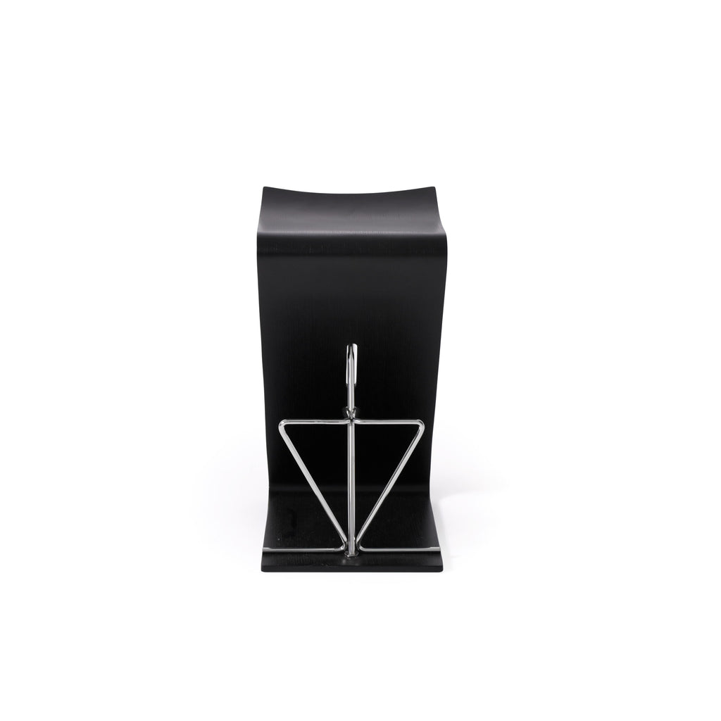 Black bookend with a matte finish and a triangular metal frame for holding books. The base is flat and wide for stability. The metal frame has a reflective surface. Intended for organizing books on shelves. Category: furniture/bookshelves