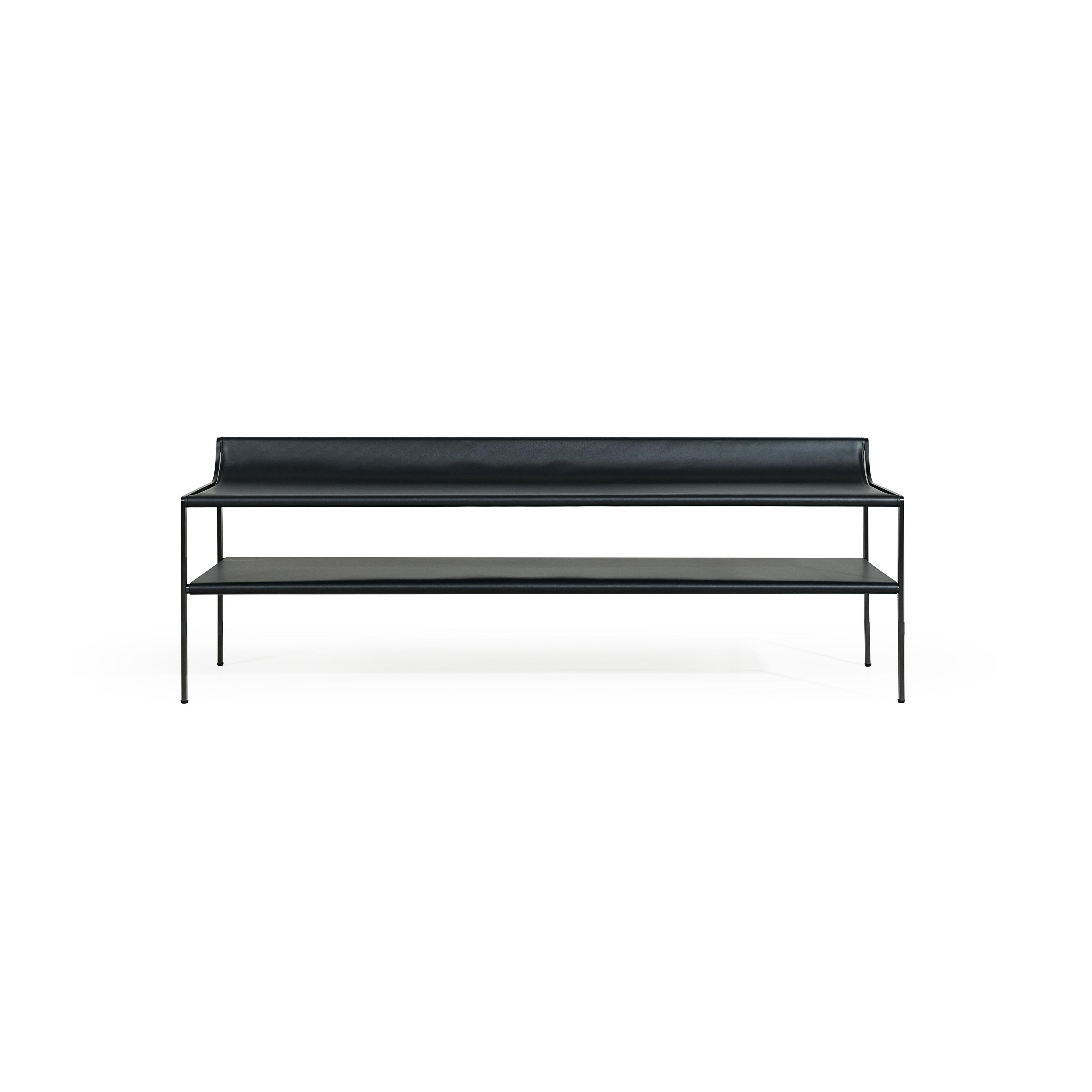 Black leather-like upholstered bench with minimalist frame, featuring four slender legs, a continuous backrest, and a lower shelf; designed for seating and storage; Category: Furniture > Sofas & Benches > Benches