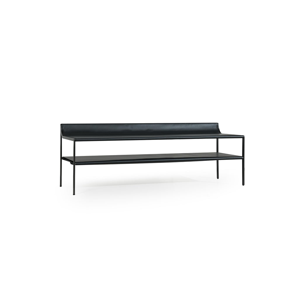 Black leather-like upholstered bench with minimalist frame, featuring four slender legs, a continuous backrest, and a lower shelf; designed for seating and storage; Category: Furniture > Sofas & Benches > Benches