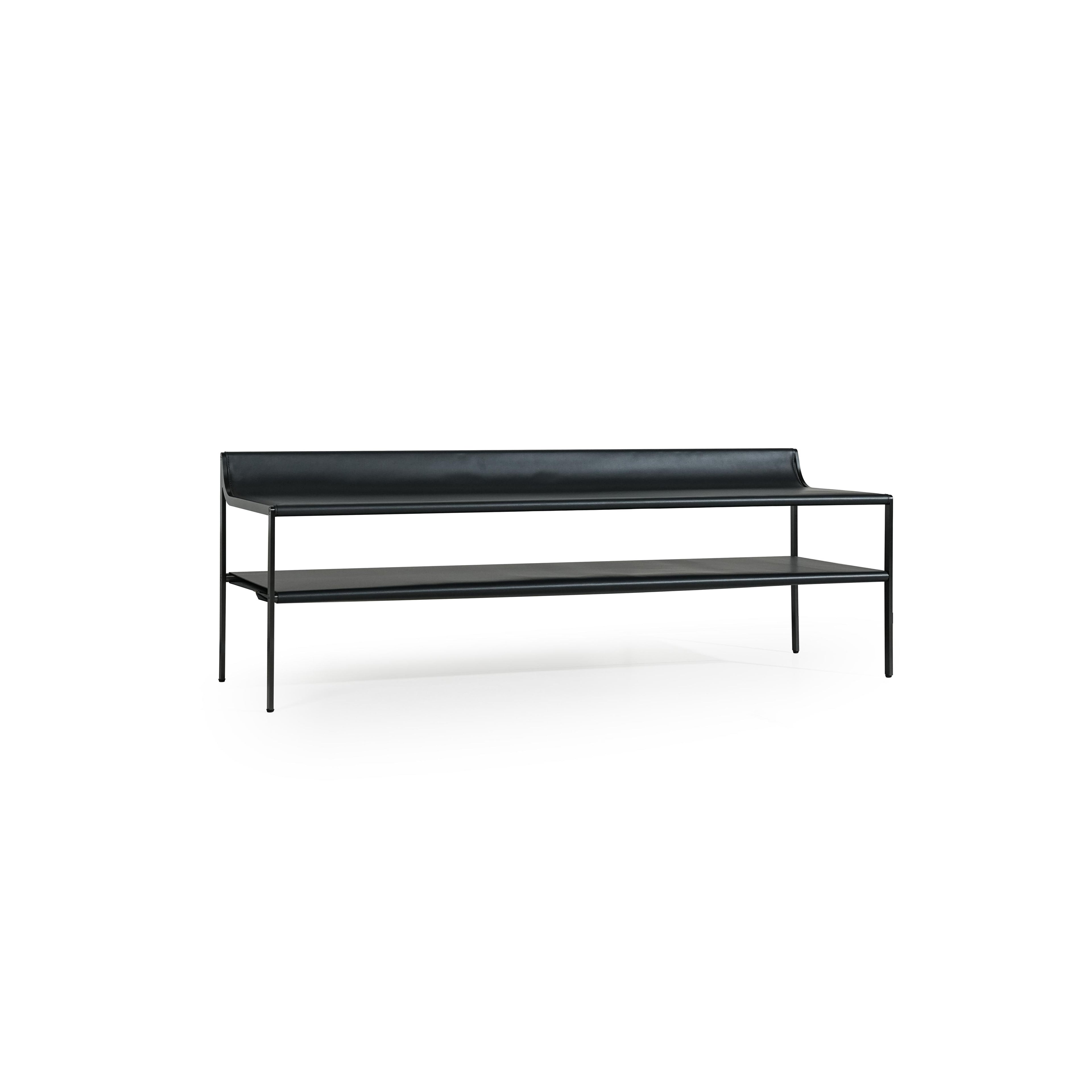 Black leather-like upholstered bench with minimalist frame, featuring four slender legs, a continuous backrest, and a lower shelf; designed for seating and storage; Category: Furniture > Sofas & Benches > Benches
