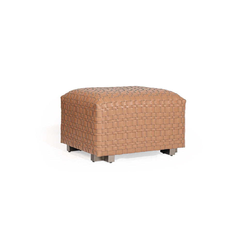 Rectangular ottoman with tan woven leather surface, four short metallic legs, and a uniform grid pattern across its top and sides, designed for seating or as a footrest. Category: Furniture > Seating > Ottomans