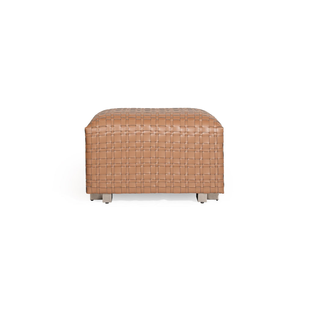 Rectangular ottoman with tan woven leather surface, four short metallic legs, and a uniform grid pattern across its top and sides, designed for seating or as a footrest. Category: Furniture > Seating > Ottomans