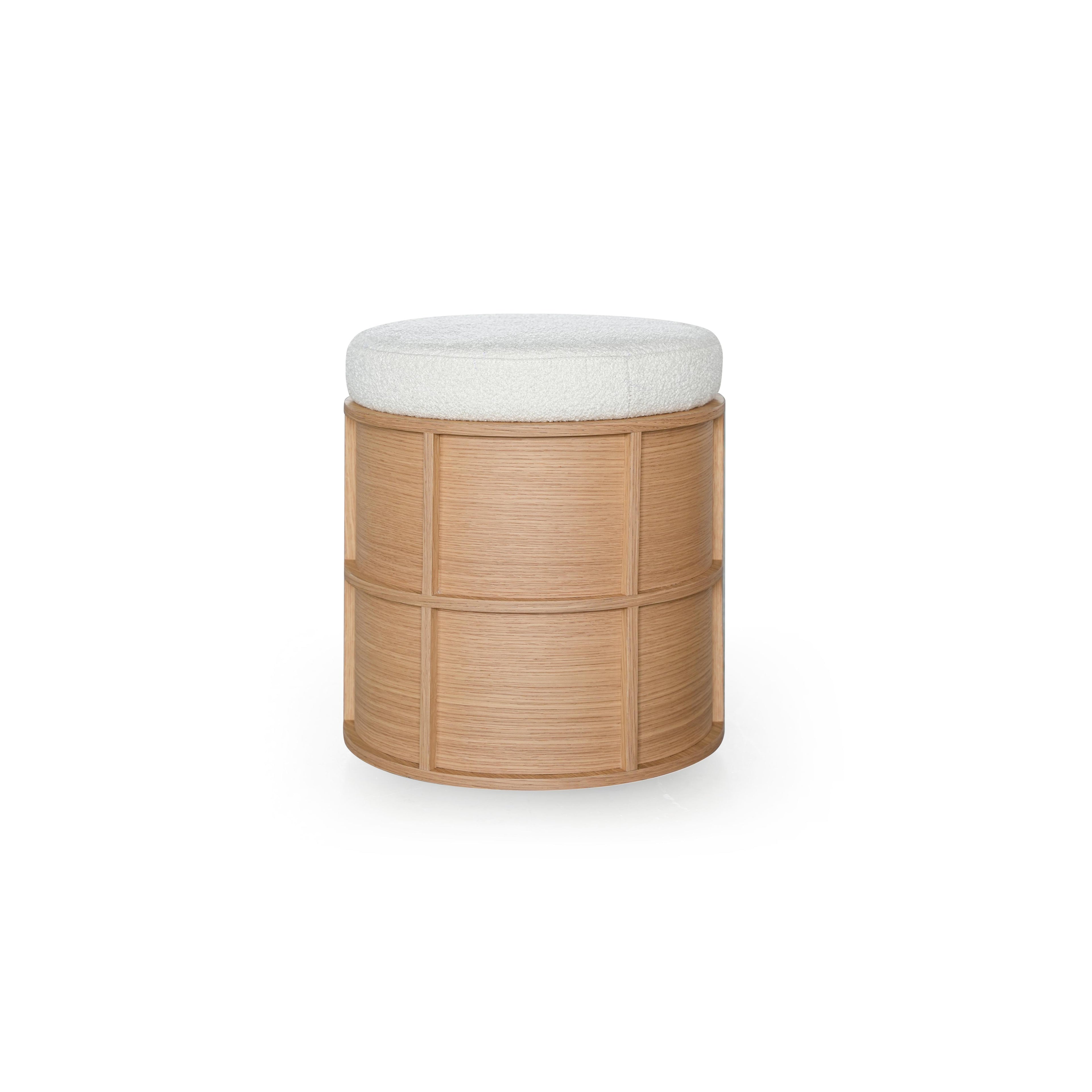 Round upholstered stool with light wood frame featuring vertical slats and a soft white boucle cushion on top. Designed for seating or as a decorative footrest. Category: Furniture > Stools