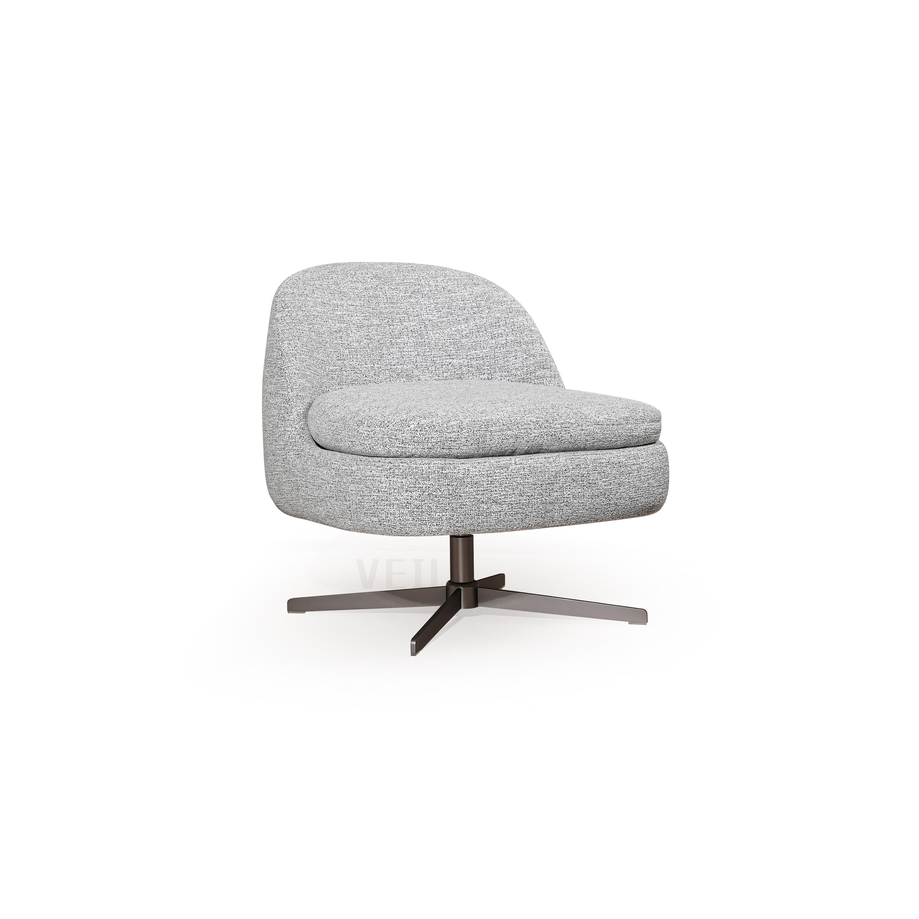 This is a single-seater armchair with a rounded backrest and seat, upholstered in a beige woven fabric. It has four dark, tapered legs supporting the frame. The cushioned seat and backrest are stitched together with visible seams. Intended for seating, it features a compact, modern silhouette. Category: Furniture > Chairs > Armchairs