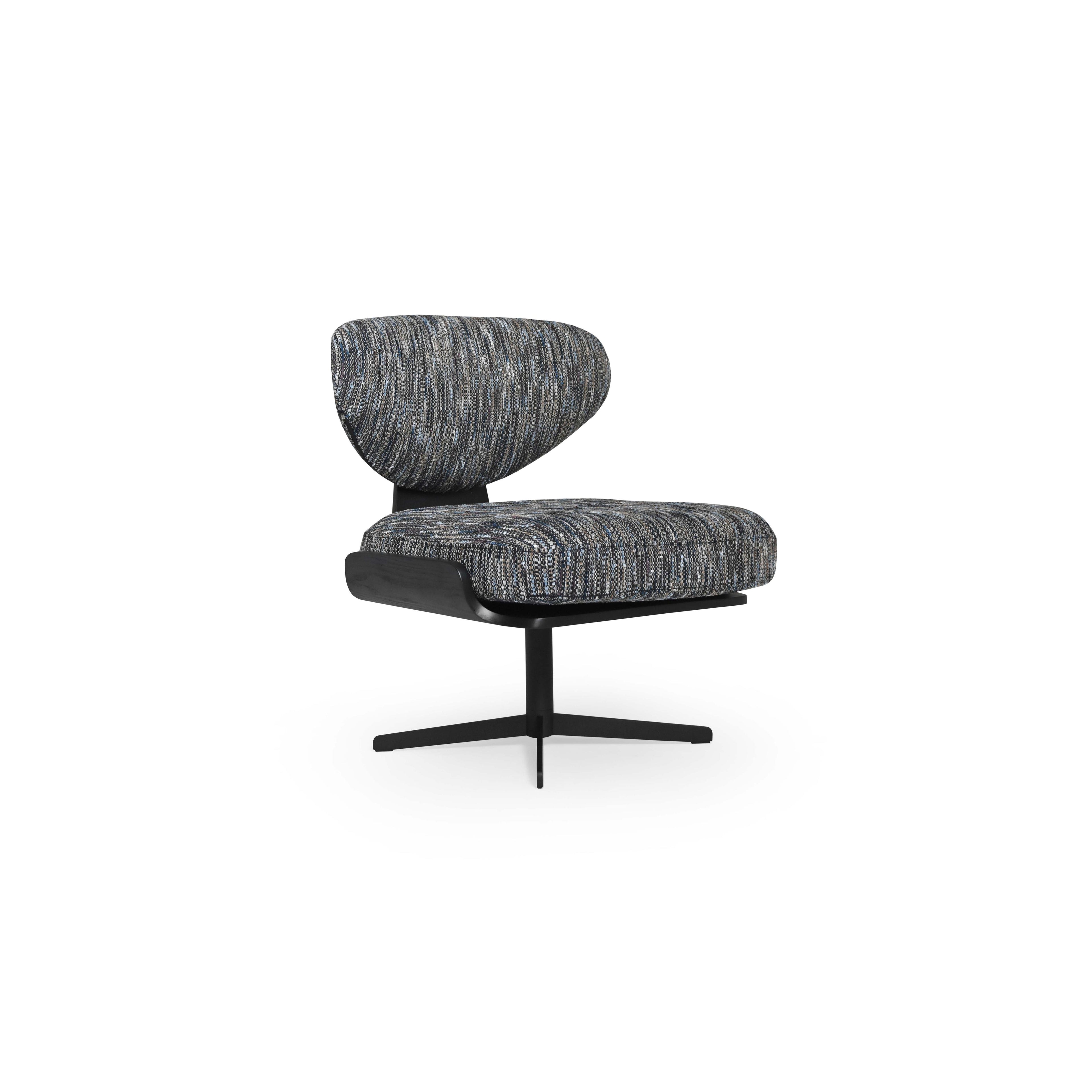 A single upholstered chair with a curved backrest and seat, both covered in a textured, multicolored fabric. It features a black metal base with four splayed legs and a central support column. The chair is designed for seated comfort in living or reading areas. Category: furniture/chairs/sofas-and-chairs
