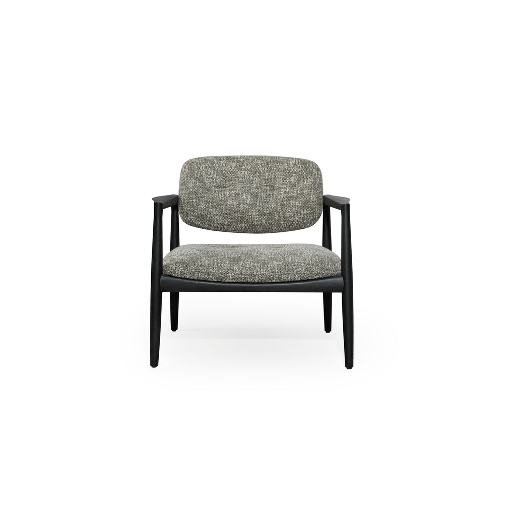 Armchair with black wooden frame and gray textured fabric upholstery; features curved backrest, integrated armrests, and four straight legs; designed for seated comfort in living or reading areas; Category: Furniture > Chairs > Armchairs