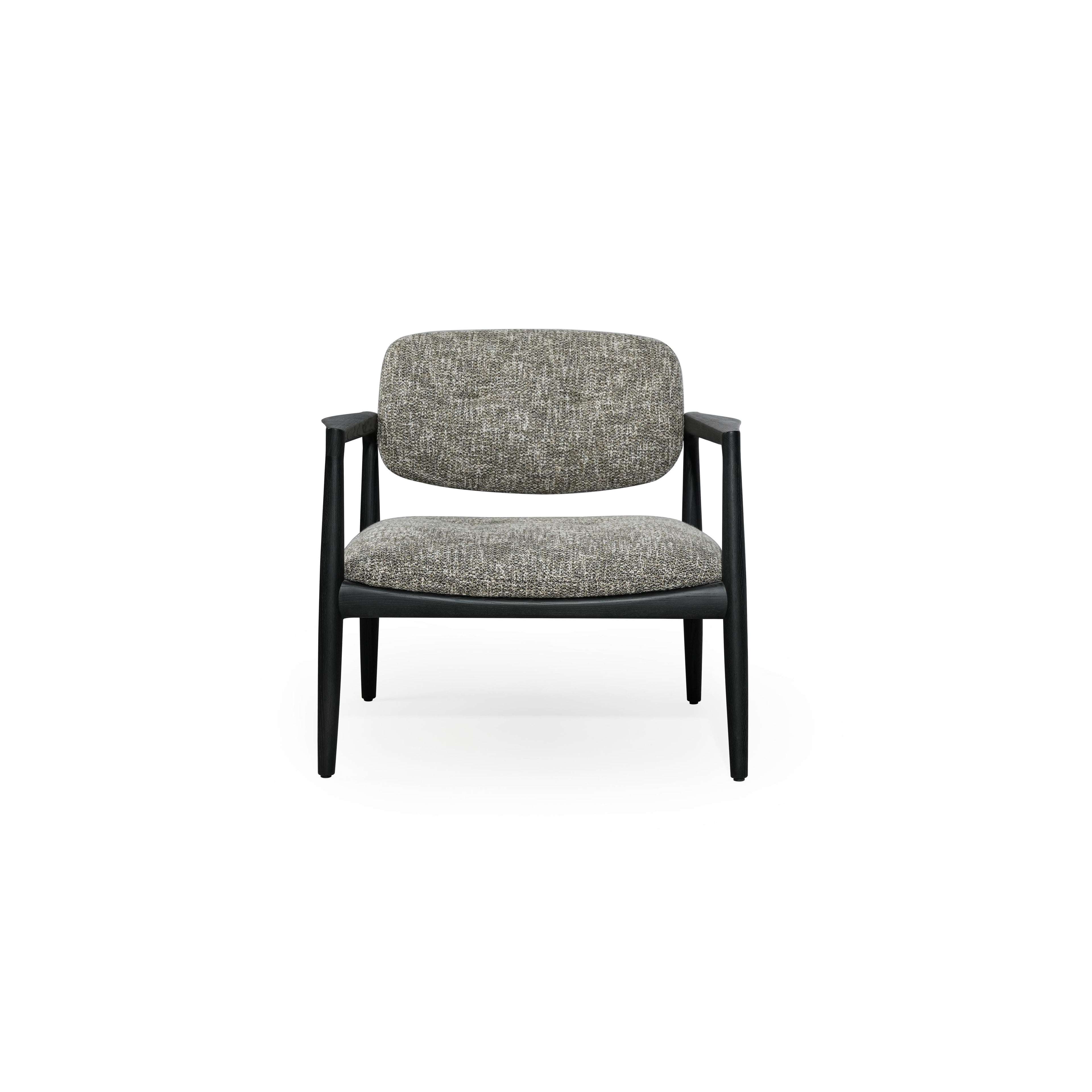 Armchair with black wooden frame and gray textured fabric upholstery; features curved backrest, integrated armrests, and four straight legs; designed for seated comfort in living or reading areas; Category: Furniture > Chairs > Armchairs