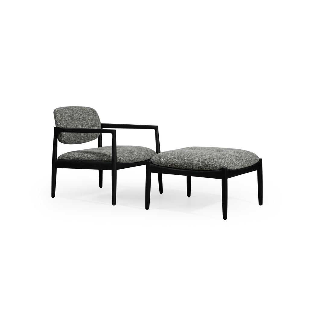 Armchair with black wooden frame and gray textured fabric upholstery; features curved backrest, integrated armrests, and four straight legs; designed for seated comfort in living or reading areas; Category: Furniture > Chairs > Armchairs