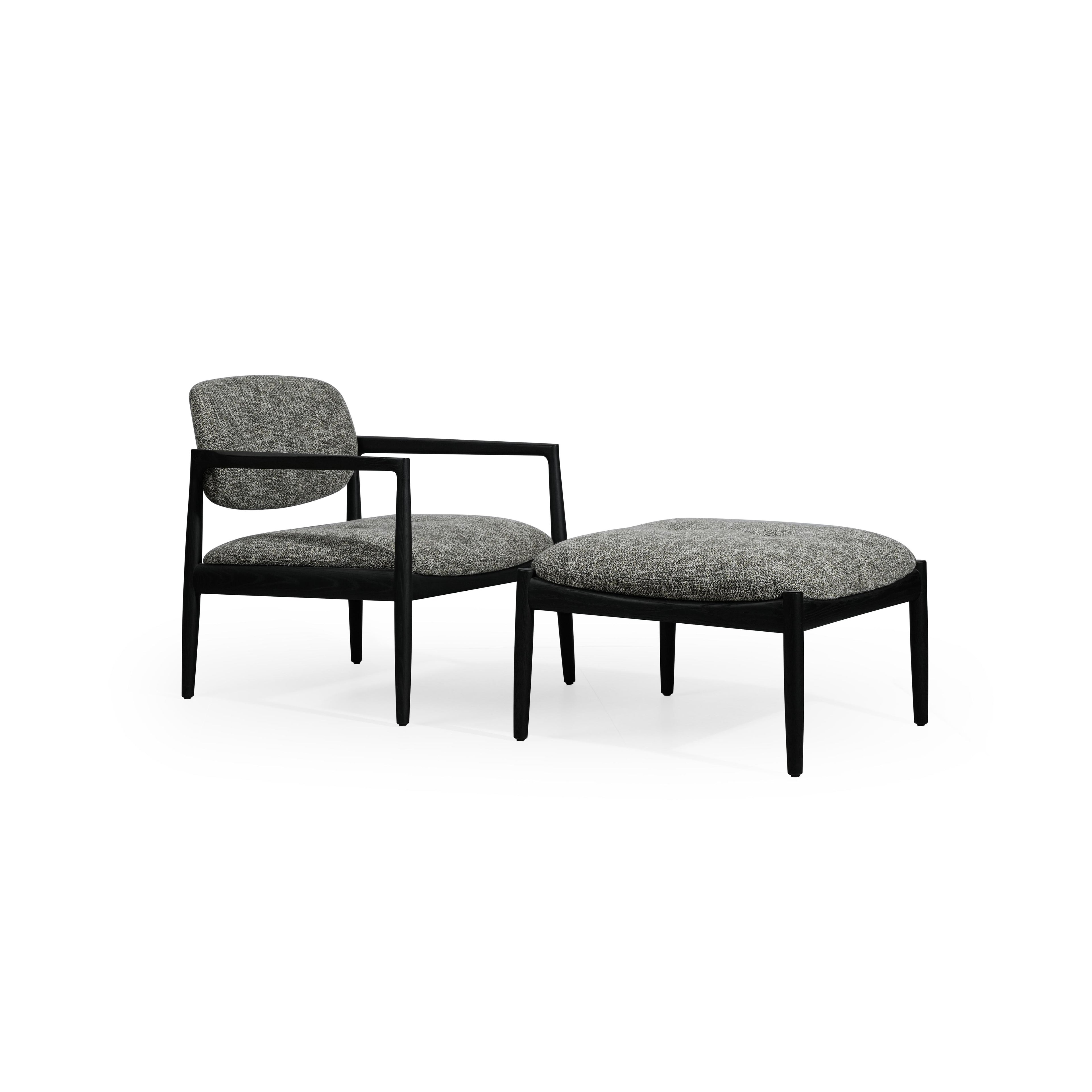 Armchair with black wooden frame and gray textured fabric upholstery; features curved backrest, integrated armrests, and four straight legs; designed for seated comfort in living or reading areas; Category: Furniture > Chairs > Armchairs