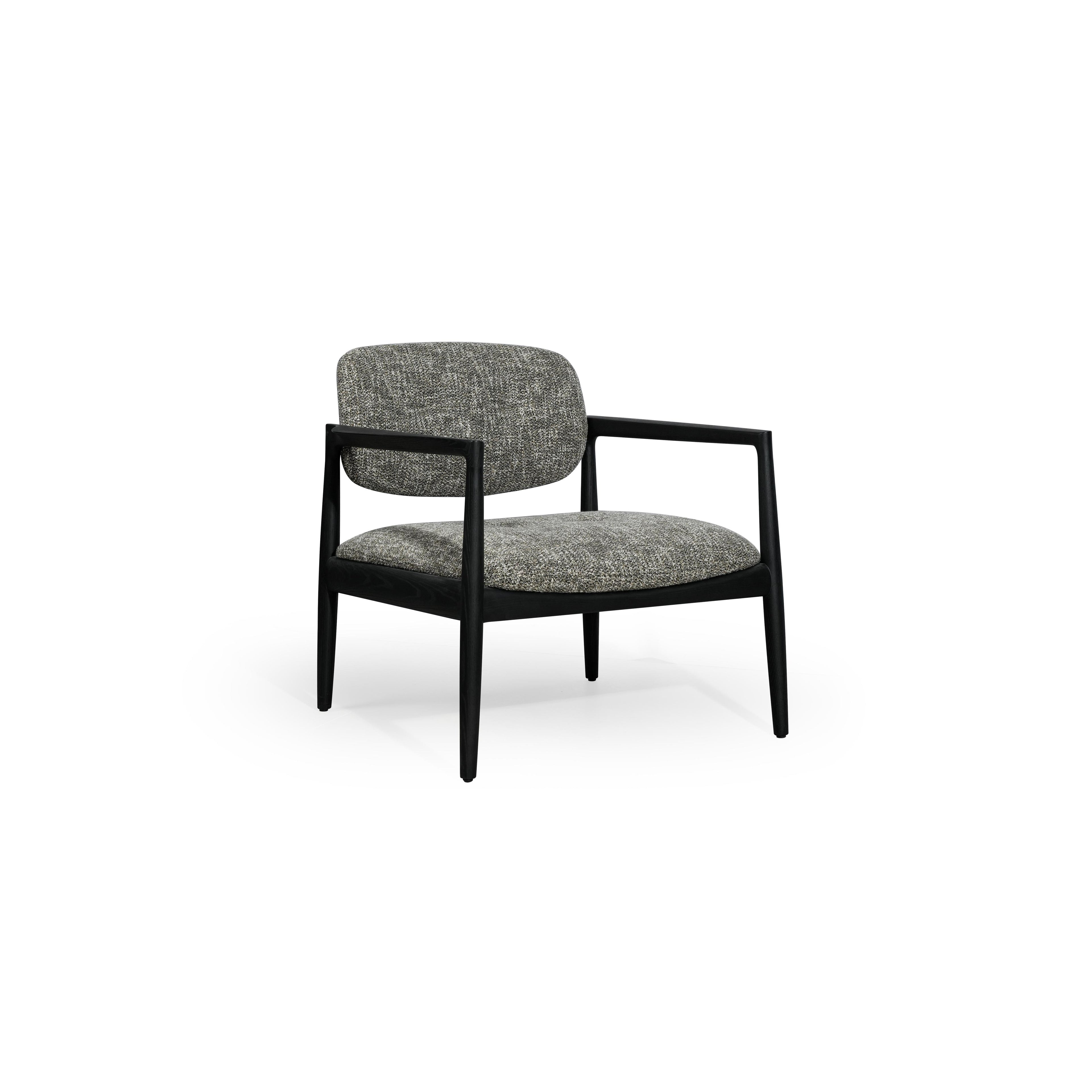 Armchair with black wooden frame and gray textured fabric upholstery; features curved backrest, integrated armrests, and four straight legs; designed for seated comfort in living or reading areas; Category: Furniture > Chairs > Armchairs
