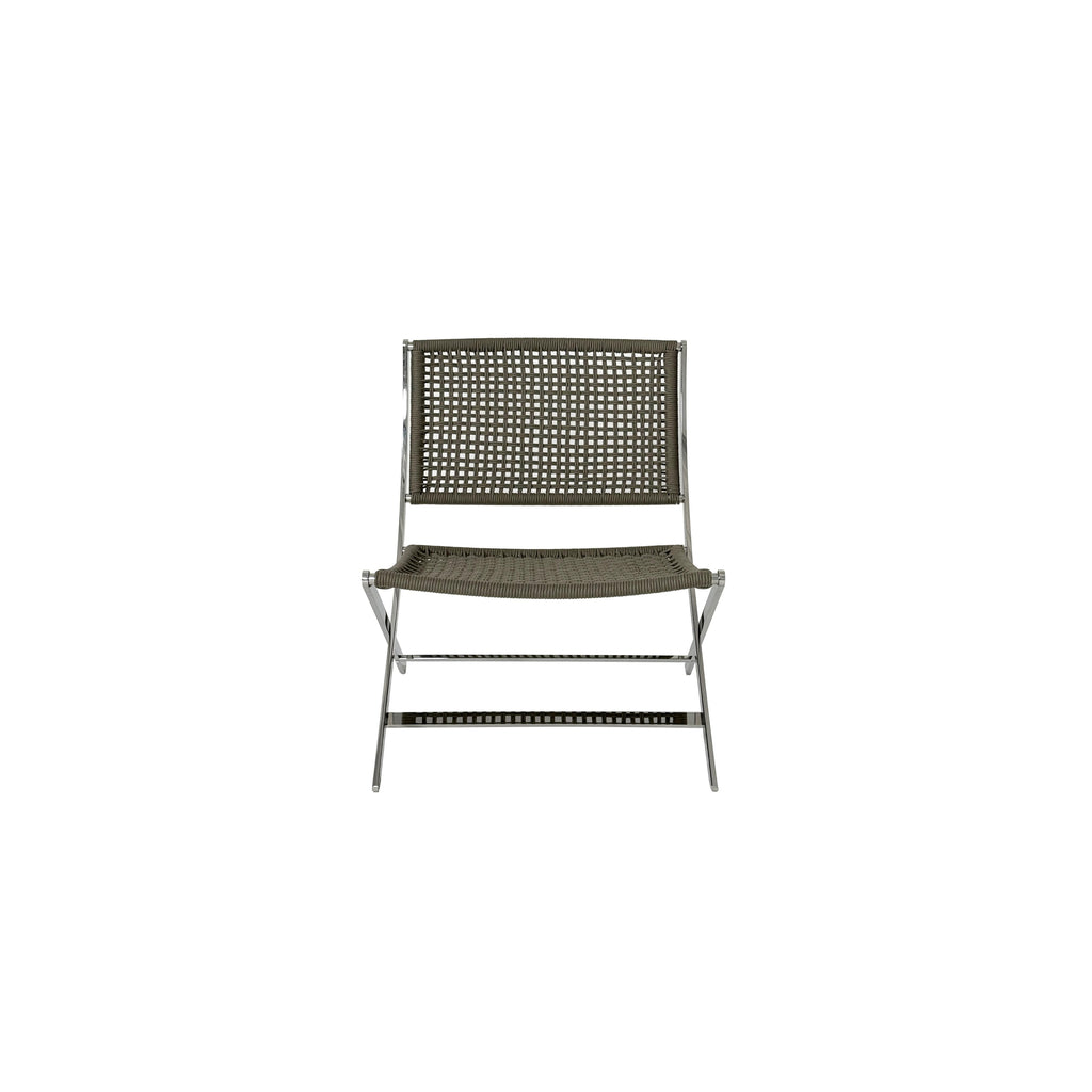 This is a folding chair with a woven gray fabric backrest and seat, supported by a shiny chrome metal frame with crossed legs. It has no arms or cushions. Intended for casual seating, it features a compact, X-shaped base. Category: Furniture > Chairs > Folding Chairs