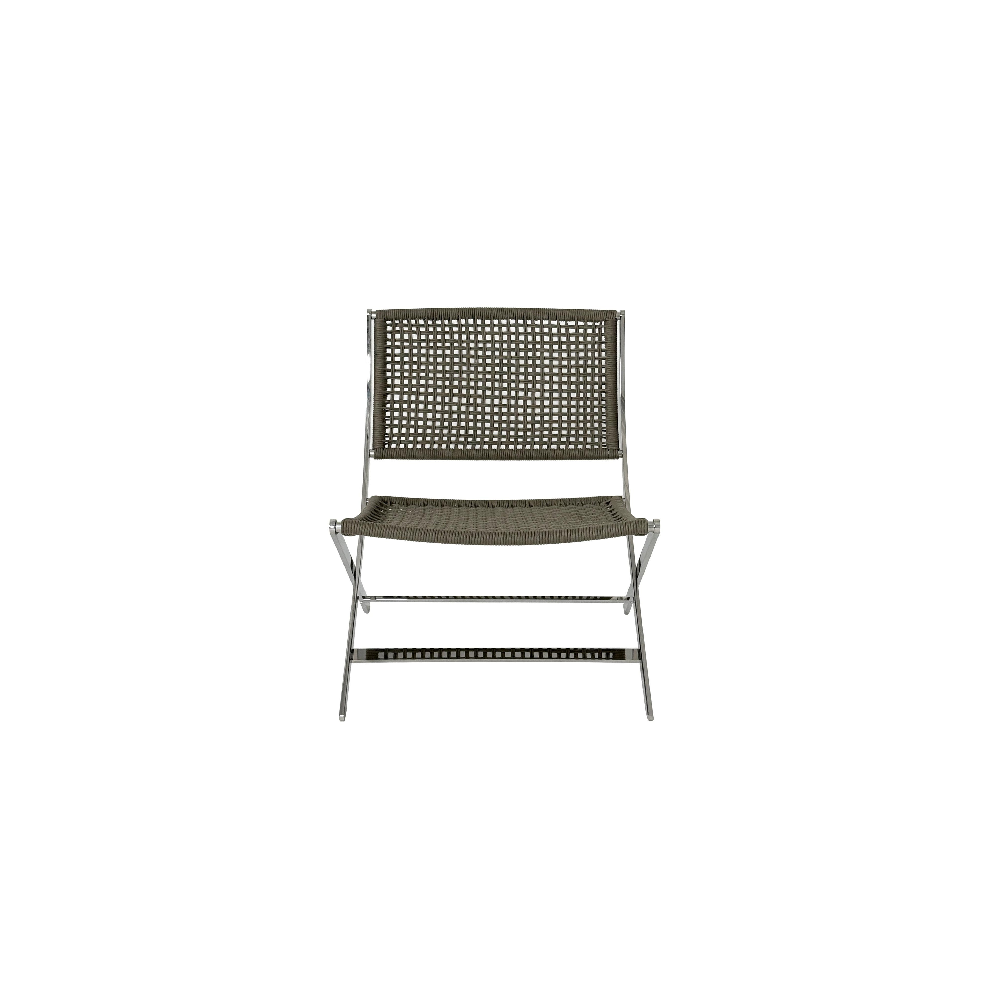 This is a folding chair with a woven gray fabric backrest and seat, supported by a shiny chrome metal frame with crossed legs. It has no arms or cushions. Intended for casual seating, it features a compact, X-shaped base. Category: Furniture > Chairs > Folding Chairs