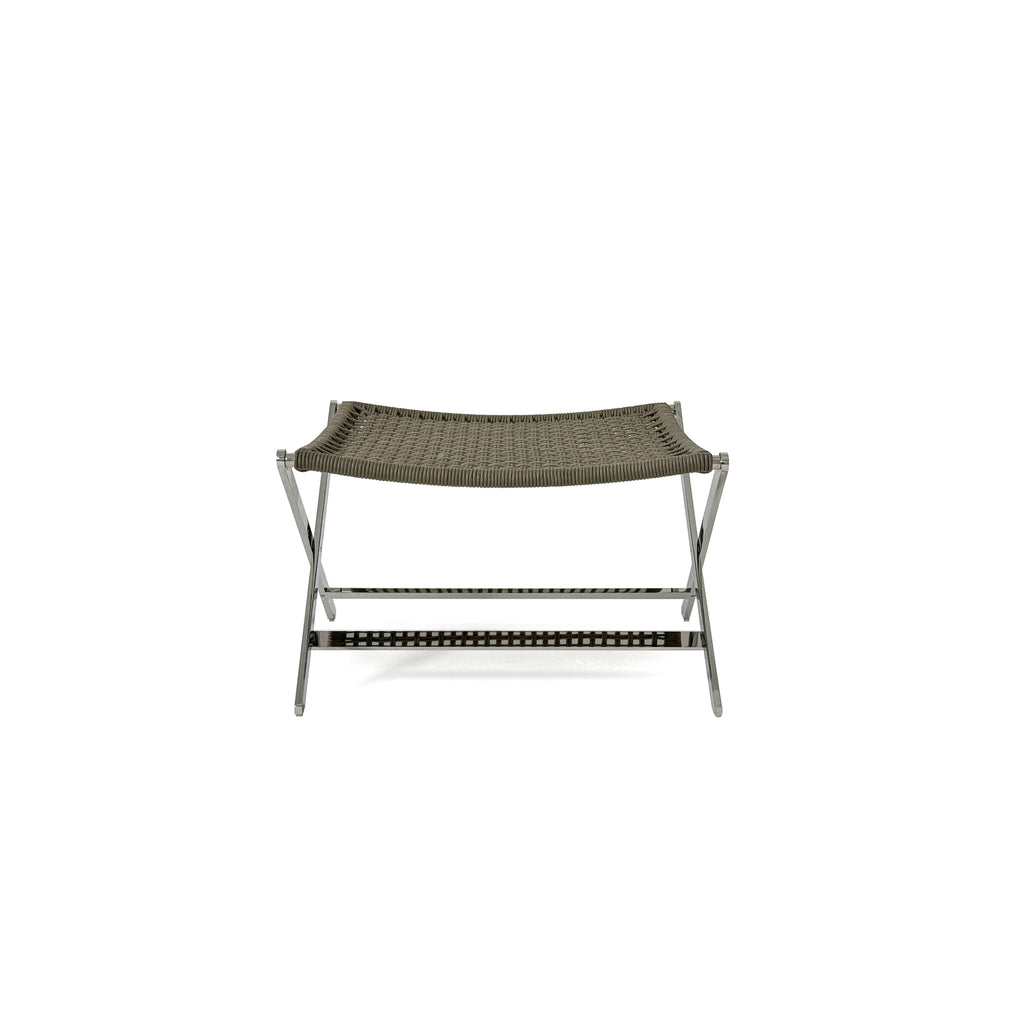 This is a folding chair with a woven gray fabric backrest and seat, supported by a shiny chrome metal frame with crossed legs. It has no arms or cushions. Intended for casual seating, it features a compact, X-shaped base. Category: Furniture > Chairs > Folding Chairs