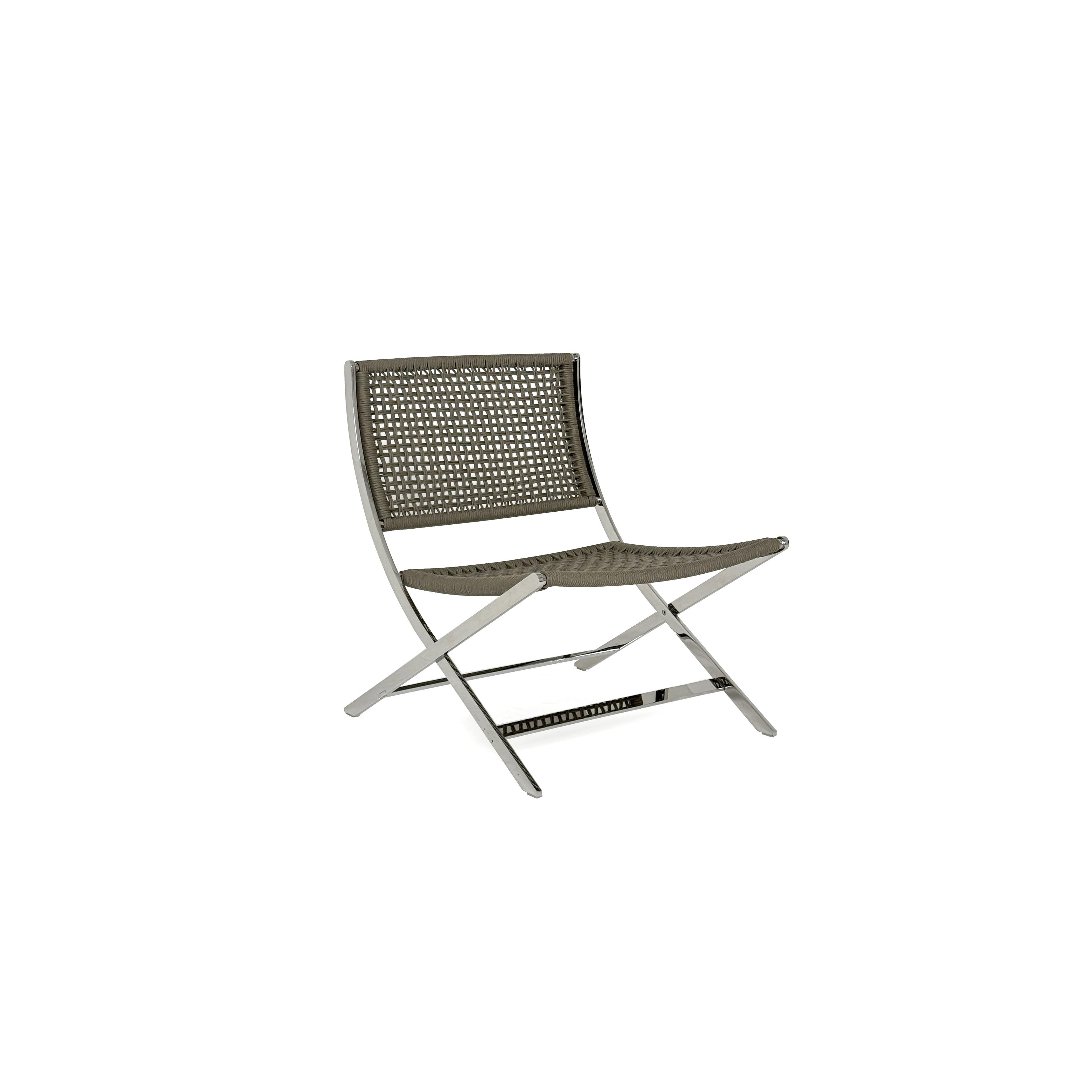 This is a folding chair with a woven gray fabric backrest and seat, supported by a shiny chrome metal frame with crossed legs. It has no arms or cushions. Intended for casual seating, it features a compact, X-shaped base. Category: Furniture > Chairs > Folding Chairs