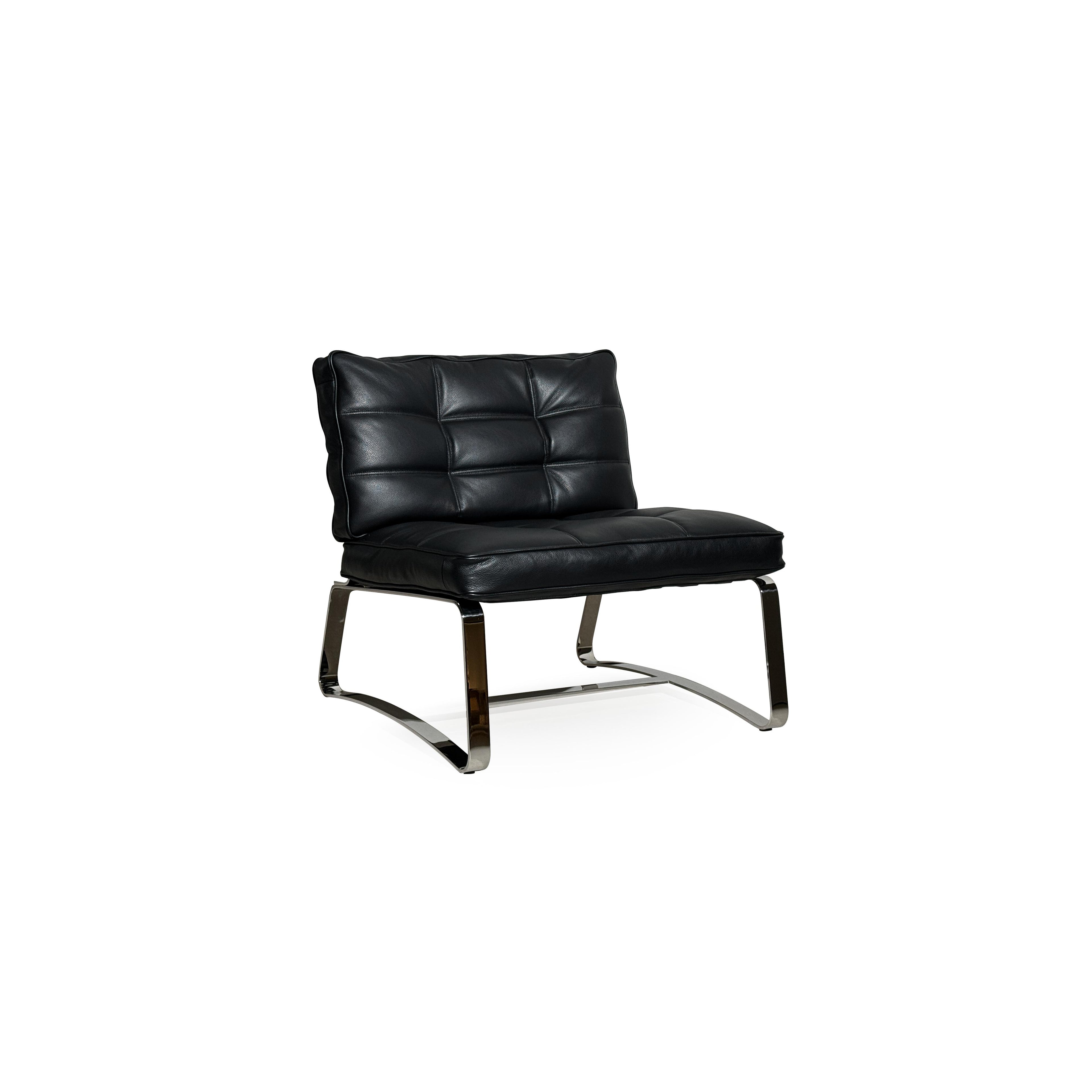 Black leather-like upholstered armless chair with tufted backrest and seat, supported by polished chrome cantilever legs and a horizontal connecting bar; designed for seated comfort in modern interiors. Category: Furniture > Chairs > Armless Chairs