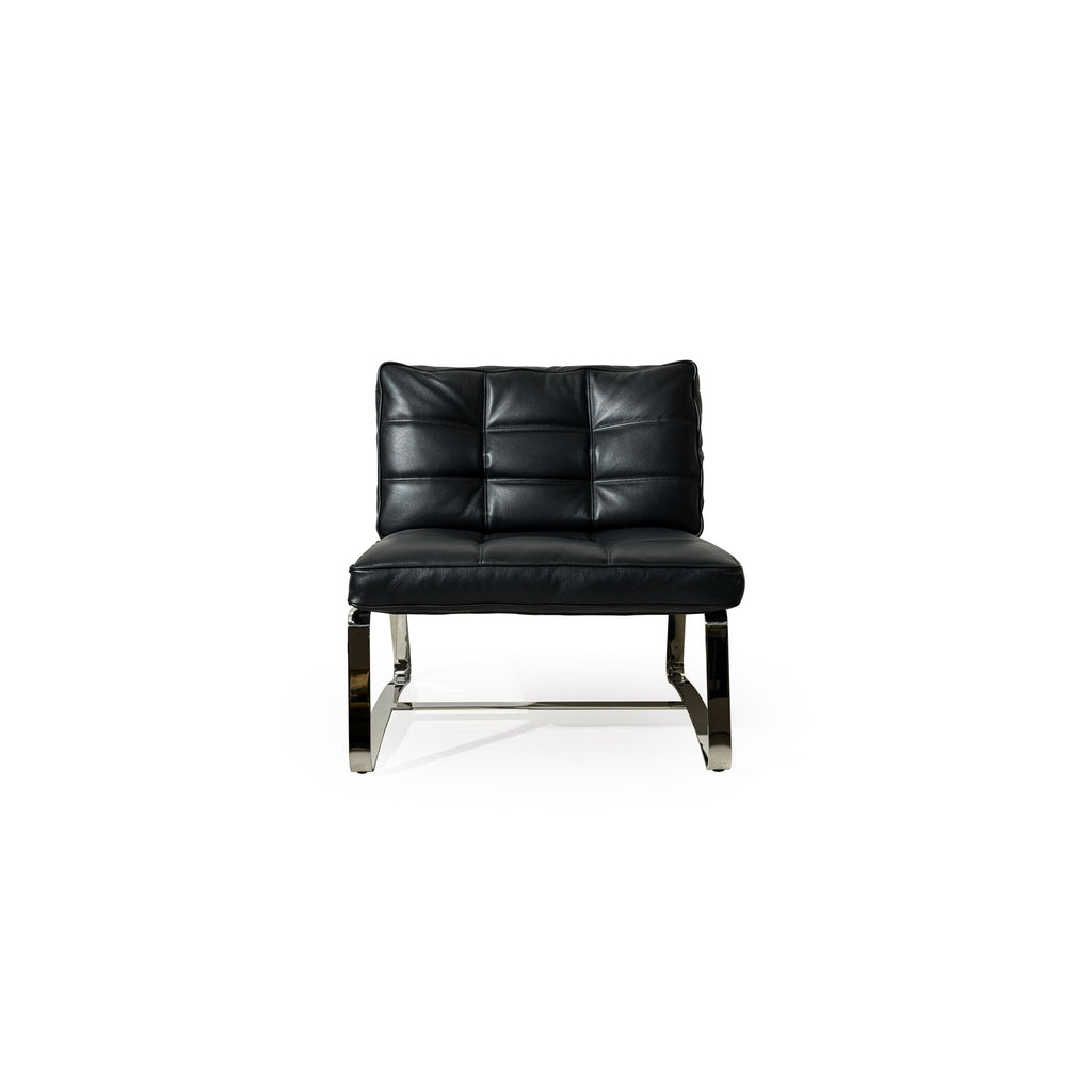 Black leather-like upholstered armless chair with tufted backrest and seat, supported by polished chrome cantilever legs and a horizontal connecting bar; designed for seated comfort in modern interiors. Category: Furniture > Chairs > Armless Chairs