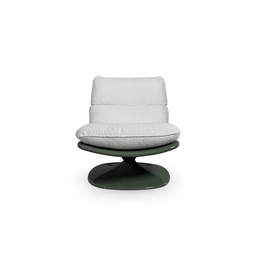 A single swivel lounge chair with a dark green glossy base and curved frame supporting light gray textured cushions. Features a low backrest and seat cushion, no arms or legs visible. Intended for seated relaxation. Category: furniture/chairs/lounge-chairs