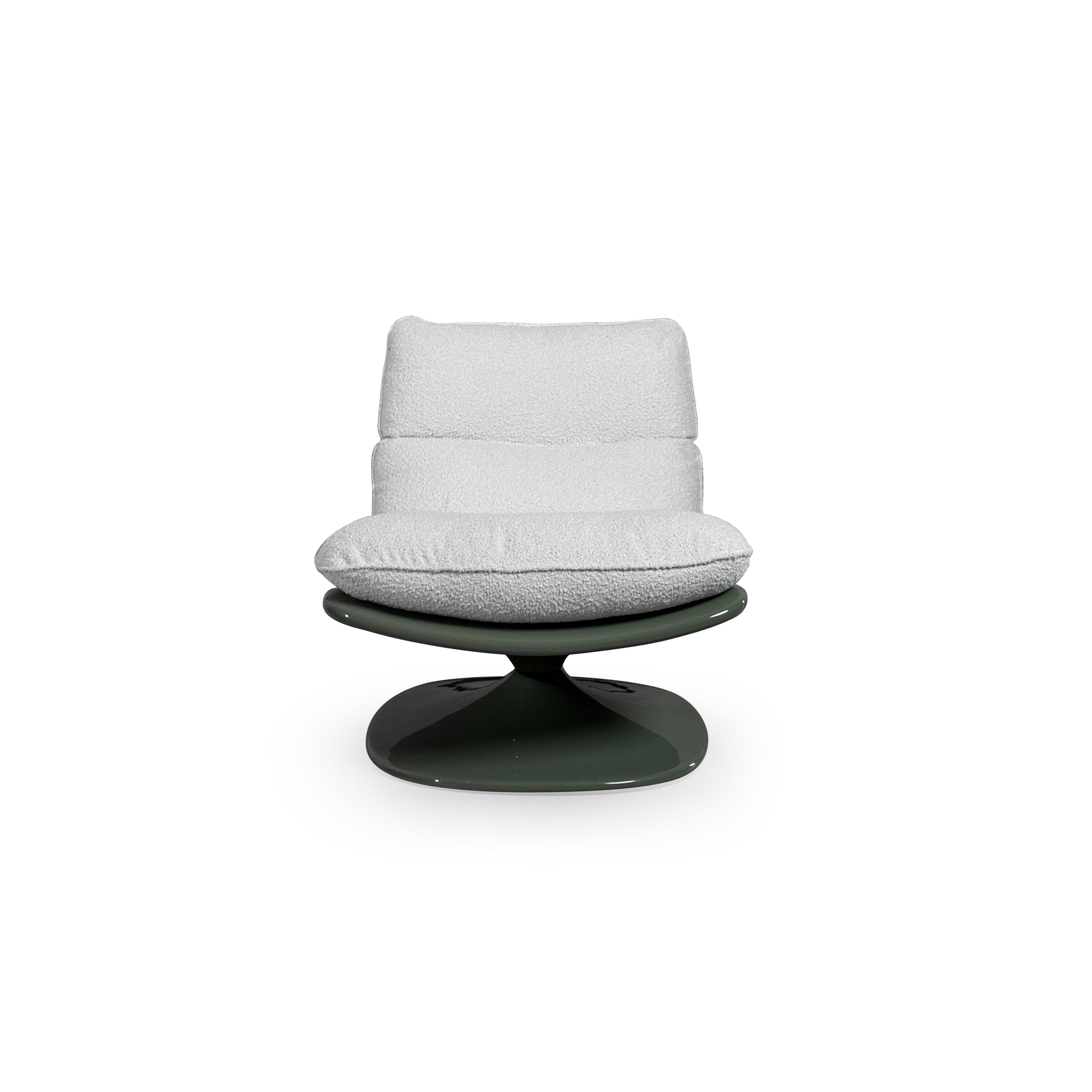 A single swivel lounge chair with a dark green glossy base and curved frame supporting light gray textured cushions. Features a low backrest and seat cushion, no arms or legs visible. Intended for seated relaxation. Category: furniture/chairs/lounge-chairs