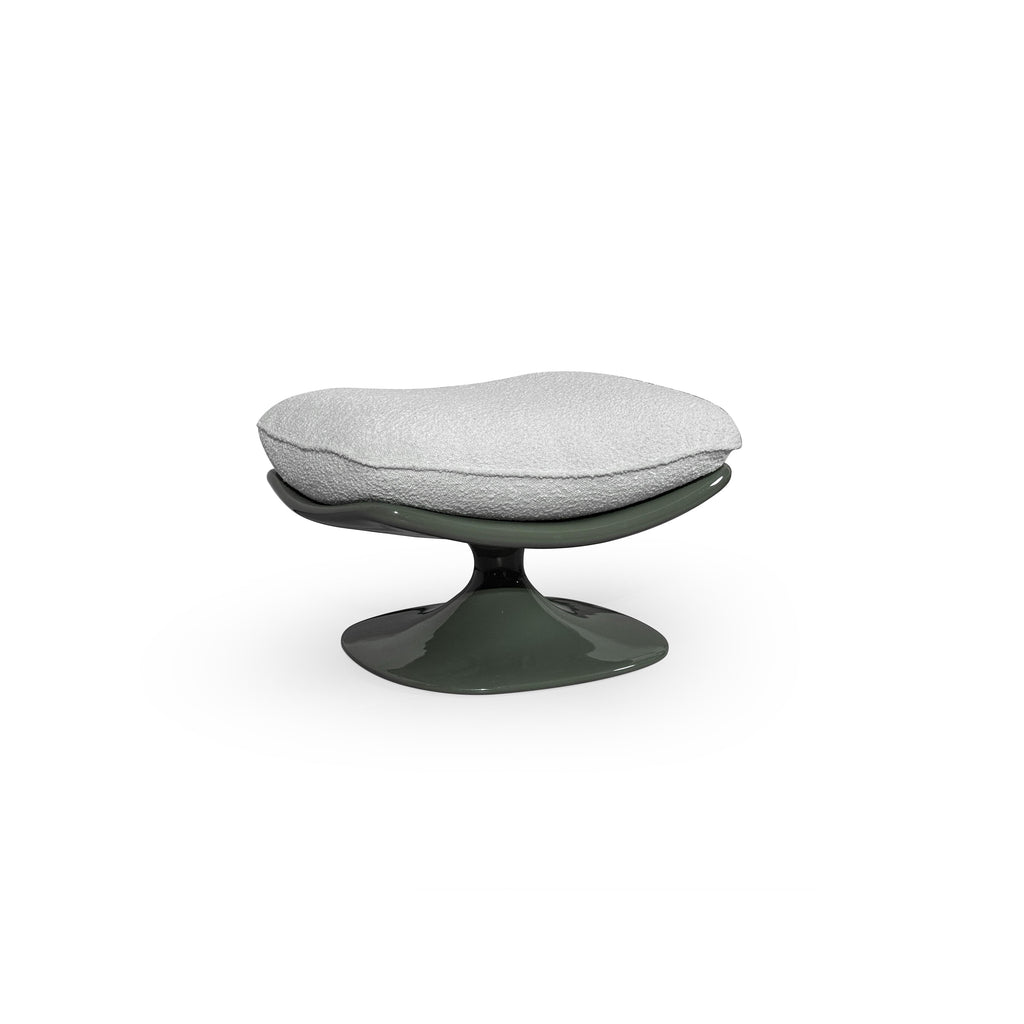 A single swivel lounge chair with a dark green glossy base and curved frame supporting light gray textured cushions. Features a low backrest and seat cushion, no arms or legs visible. Intended for seated relaxation. Category: furniture/chairs/lounge-chairs