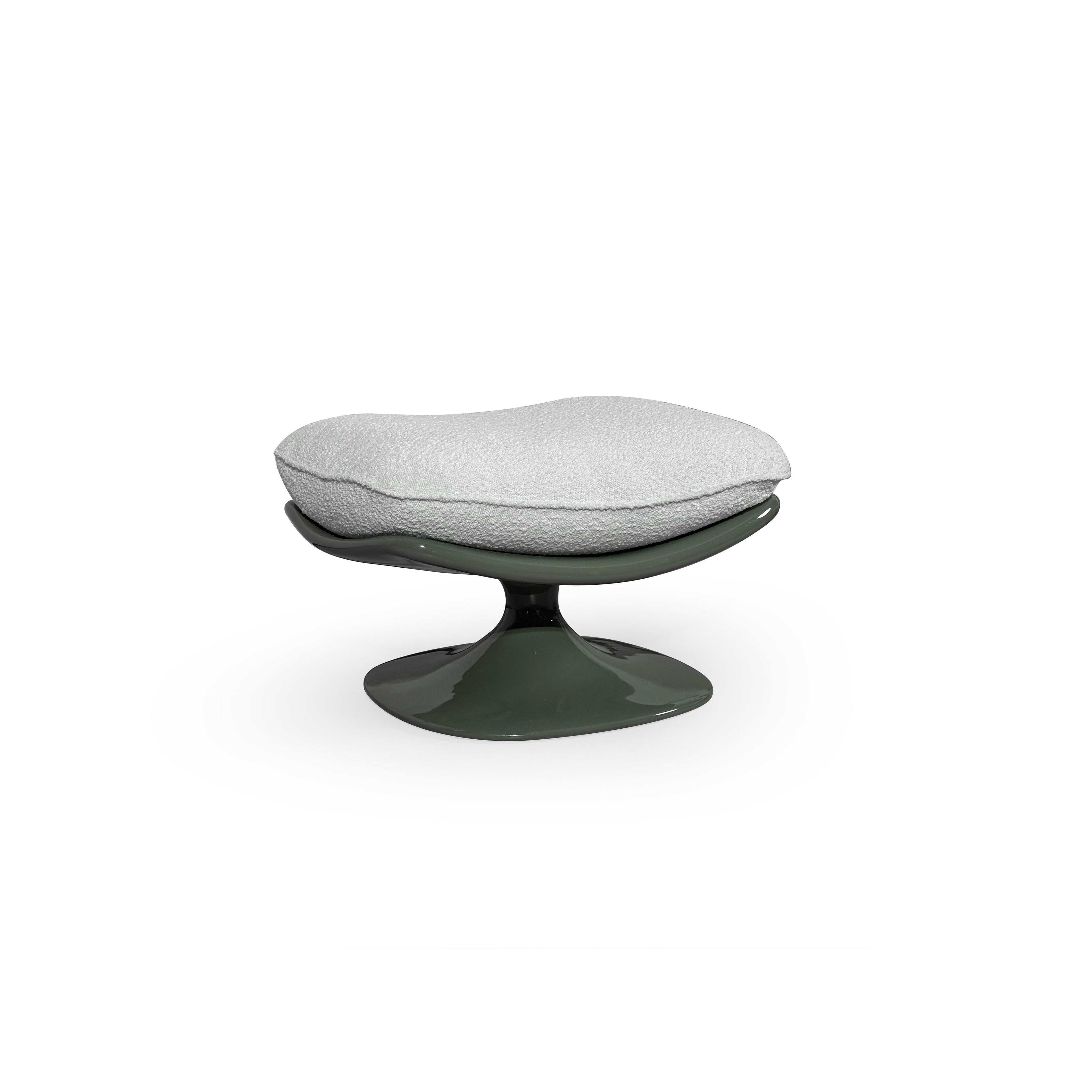 A single swivel lounge chair with a dark green glossy base and curved frame supporting light gray textured cushions. Features a low backrest and seat cushion, no arms or legs visible. Intended for seated relaxation. Category: furniture/chairs/lounge-chairs