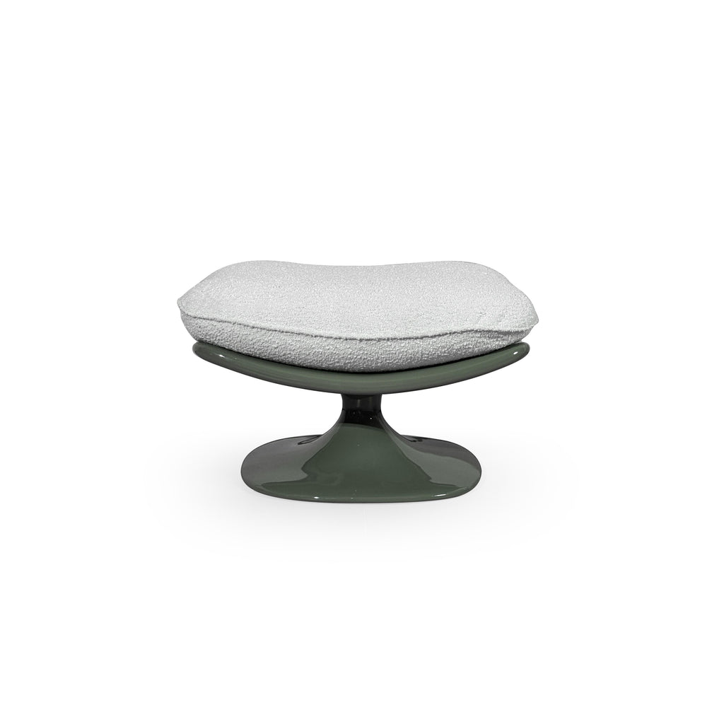 A single swivel lounge chair with a dark green glossy base and curved frame supporting light gray textured cushions. Features a low backrest and seat cushion, no arms or legs visible. Intended for seated relaxation. Category: furniture/chairs/lounge-chairs