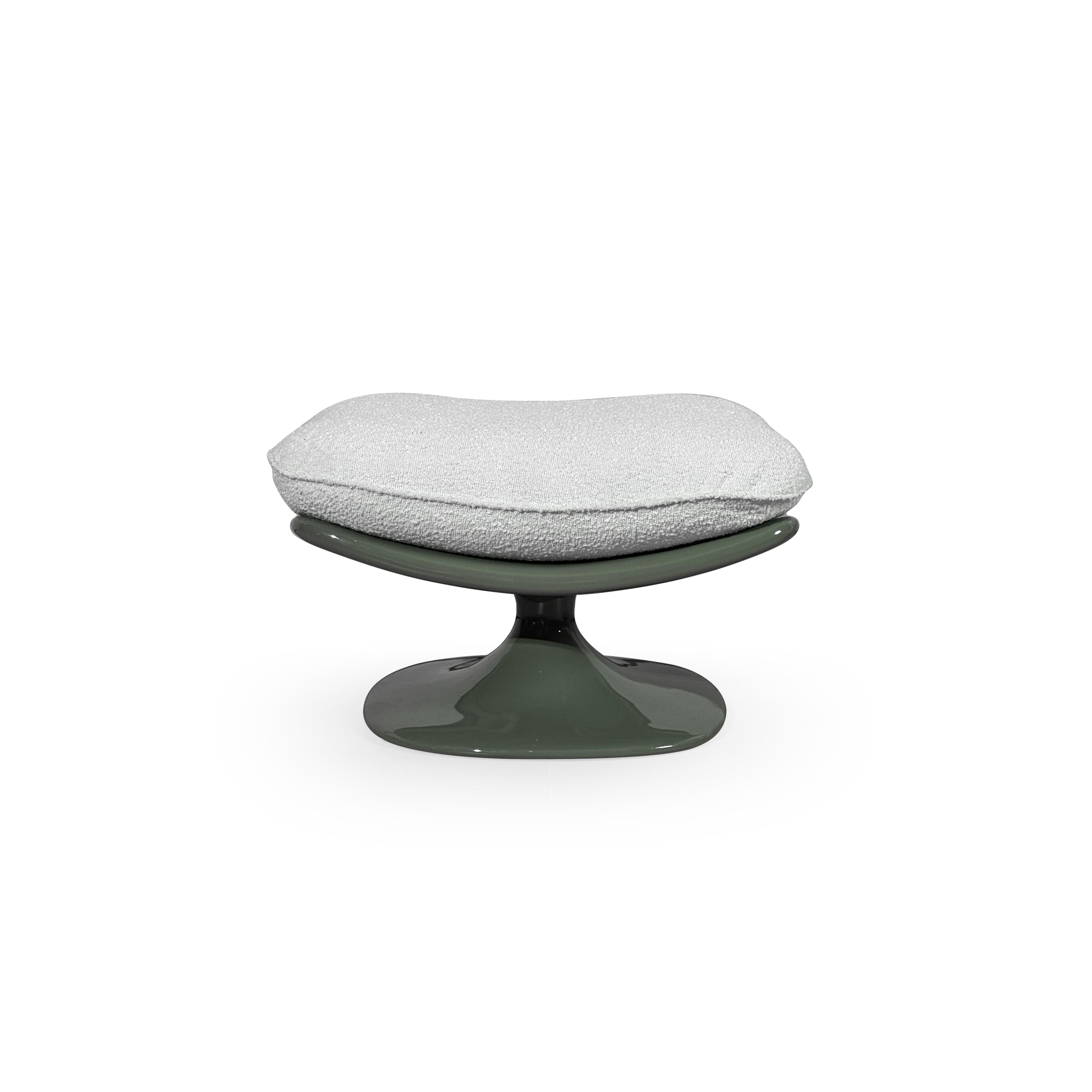 A single swivel lounge chair with a dark green glossy base and curved frame supporting light gray textured cushions. Features a low backrest and seat cushion, no arms or legs visible. Intended for seated relaxation. Category: furniture/chairs/lounge-chairs