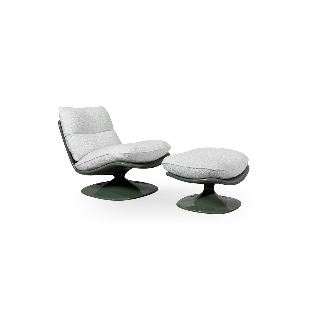 A single swivel lounge chair with a dark green glossy base and curved frame supporting light gray textured cushions. Features a low backrest and seat cushion, no arms or legs visible. Intended for seated relaxation. Category: furniture/chairs/lounge-chairs