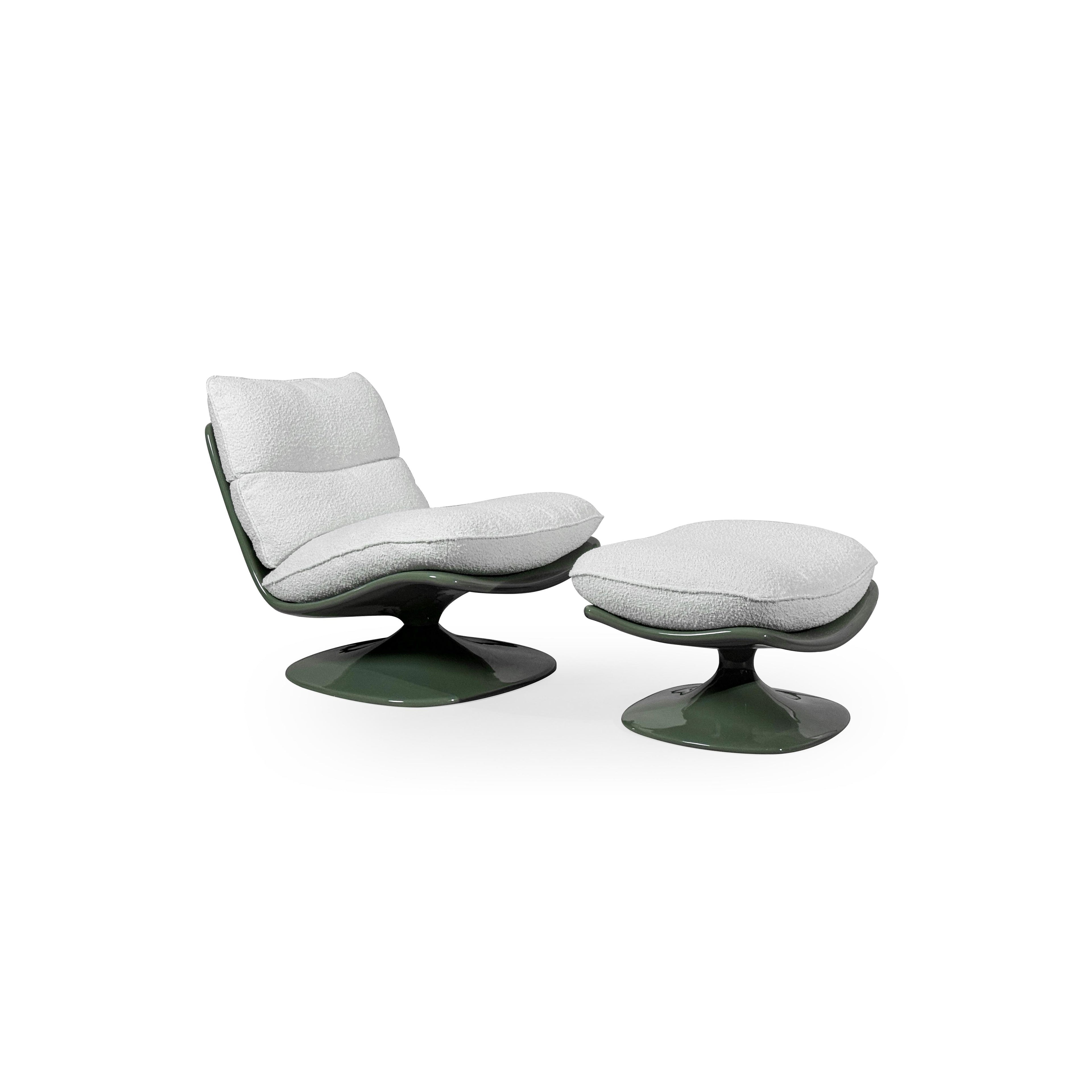 A single swivel lounge chair with a dark green glossy base and curved frame supporting light gray textured cushions. Features a low backrest and seat cushion, no arms or legs visible. Intended for seated relaxation. Category: furniture/chairs/lounge-chairs