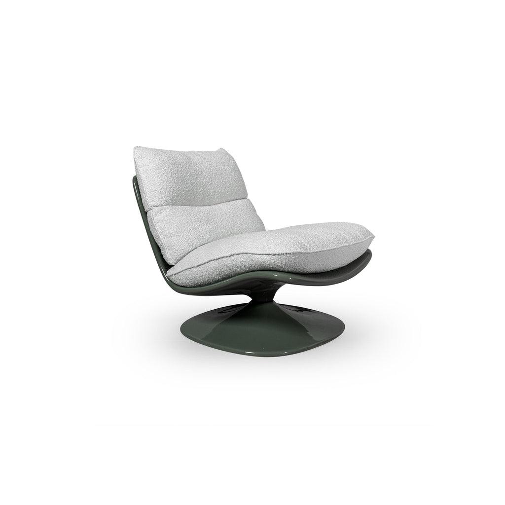 A single swivel lounge chair with a dark green glossy base and curved frame supporting light gray textured cushions. Features a low backrest and seat cushion, no arms or legs visible. Intended for seated relaxation. Category: furniture/chairs/lounge-chairs
