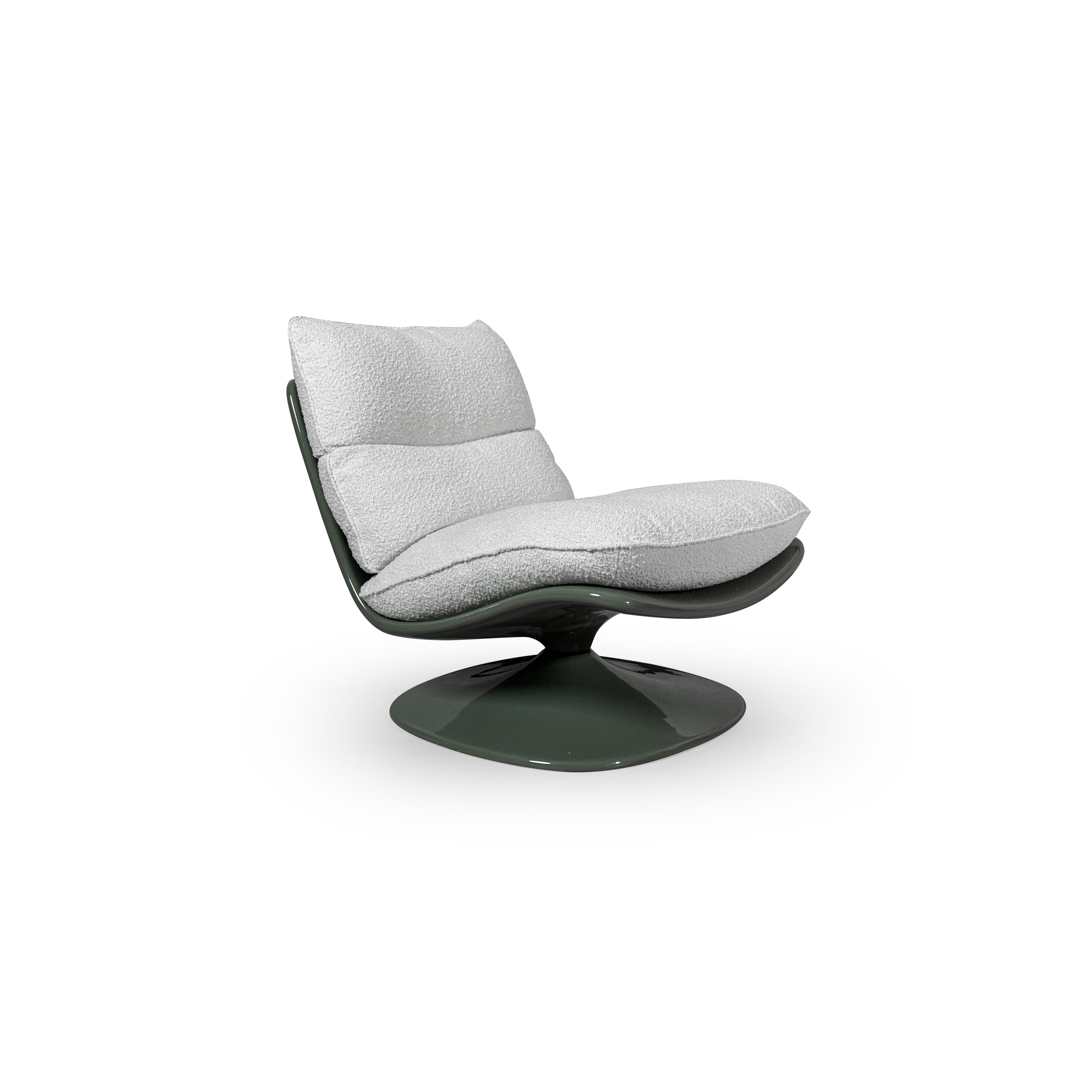 A single swivel lounge chair with a dark green glossy base and curved frame supporting light gray textured cushions. Features a low backrest and seat cushion, no arms or legs visible. Intended for seated relaxation. Category: furniture/chairs/lounge-chairs
