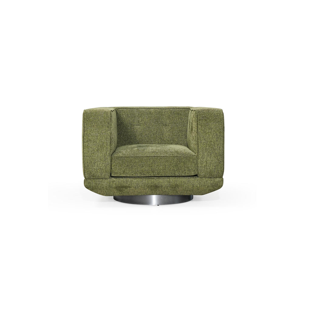 Round ottoman with black leather-like upholstery and a circular metallic base. Features tufted center cushion and smooth, rounded edges. Designed for seating or footrest use. Category: Furniture > Ottomans