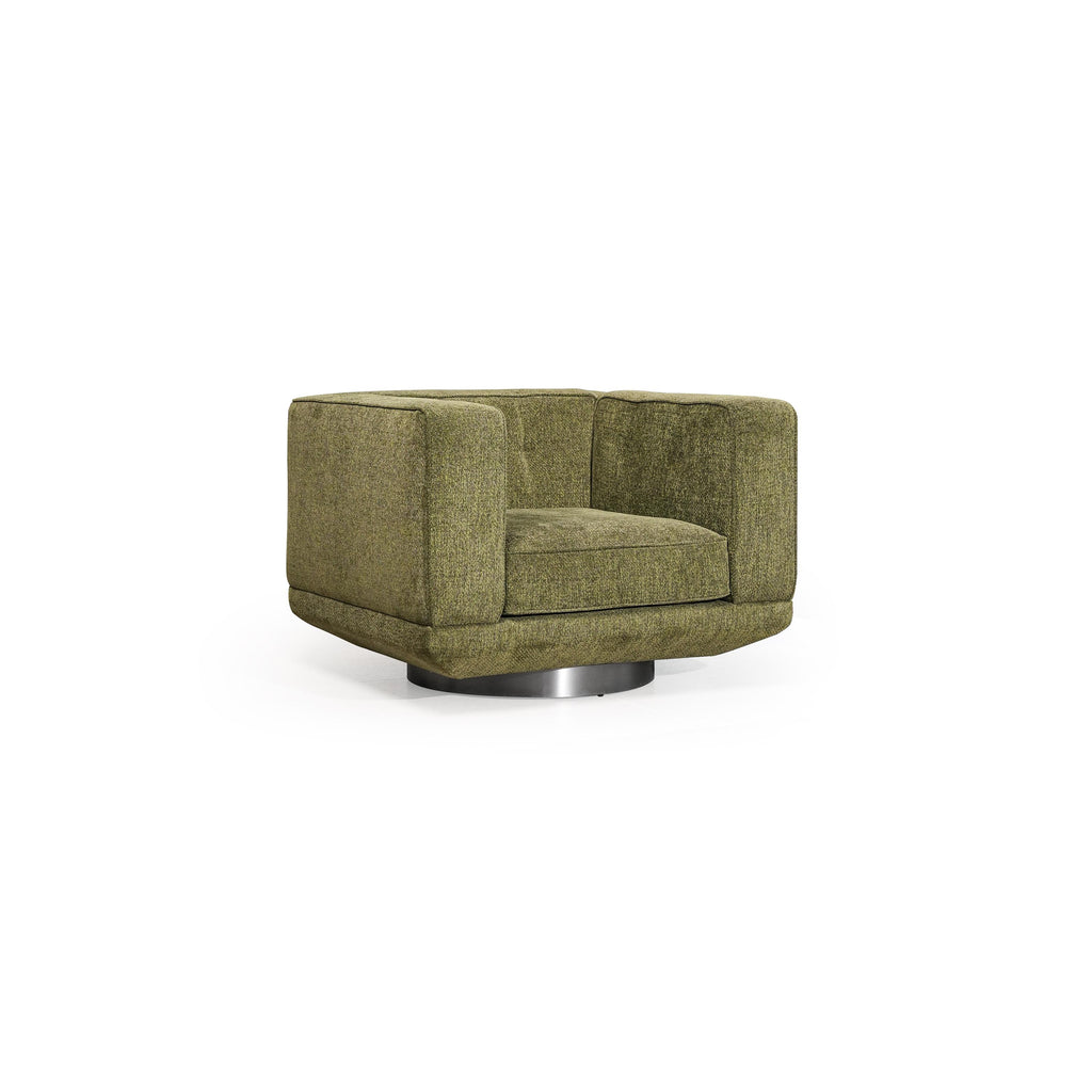 Round ottoman with black leather-like upholstery and a circular metallic base. Features tufted center cushion and smooth, rounded edges. Designed for seating or footrest use. Category: Furniture > Ottomans