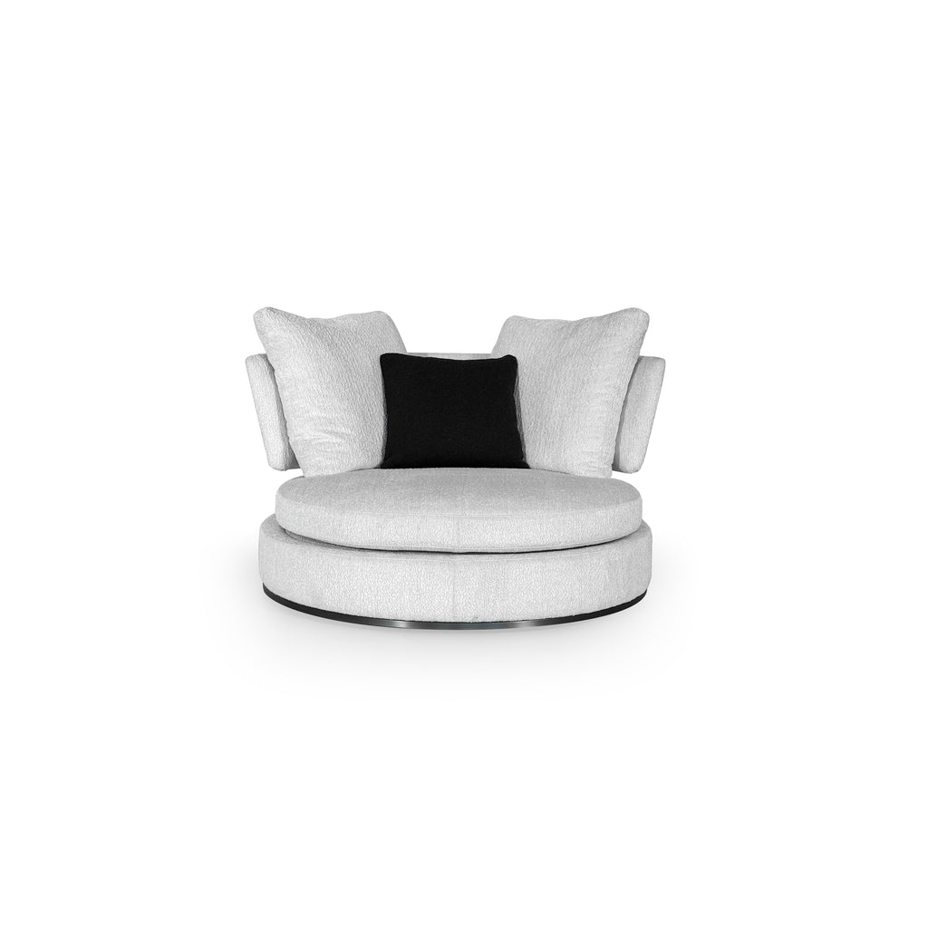 Round swivel chair with light gray fabric upholstery, featuring a circular seat, high backrest, and two armrests. Includes one black cushion and one light gray cushion. Base is dark circular frame. Intended for seated comfort and rotation. Category: furniture/chairs/swivel-chairs