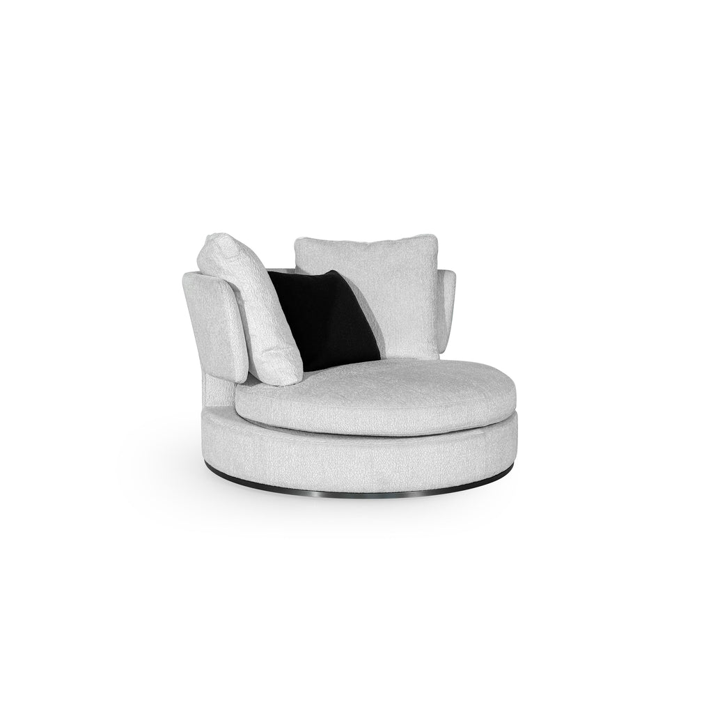 Round swivel chair with light gray fabric upholstery, featuring a circular seat, high backrest, and two armrests. Includes one black cushion and one light gray cushion. Base is dark circular frame. Intended for seated comfort and rotation. Category: furniture/chairs/swivel-chairs