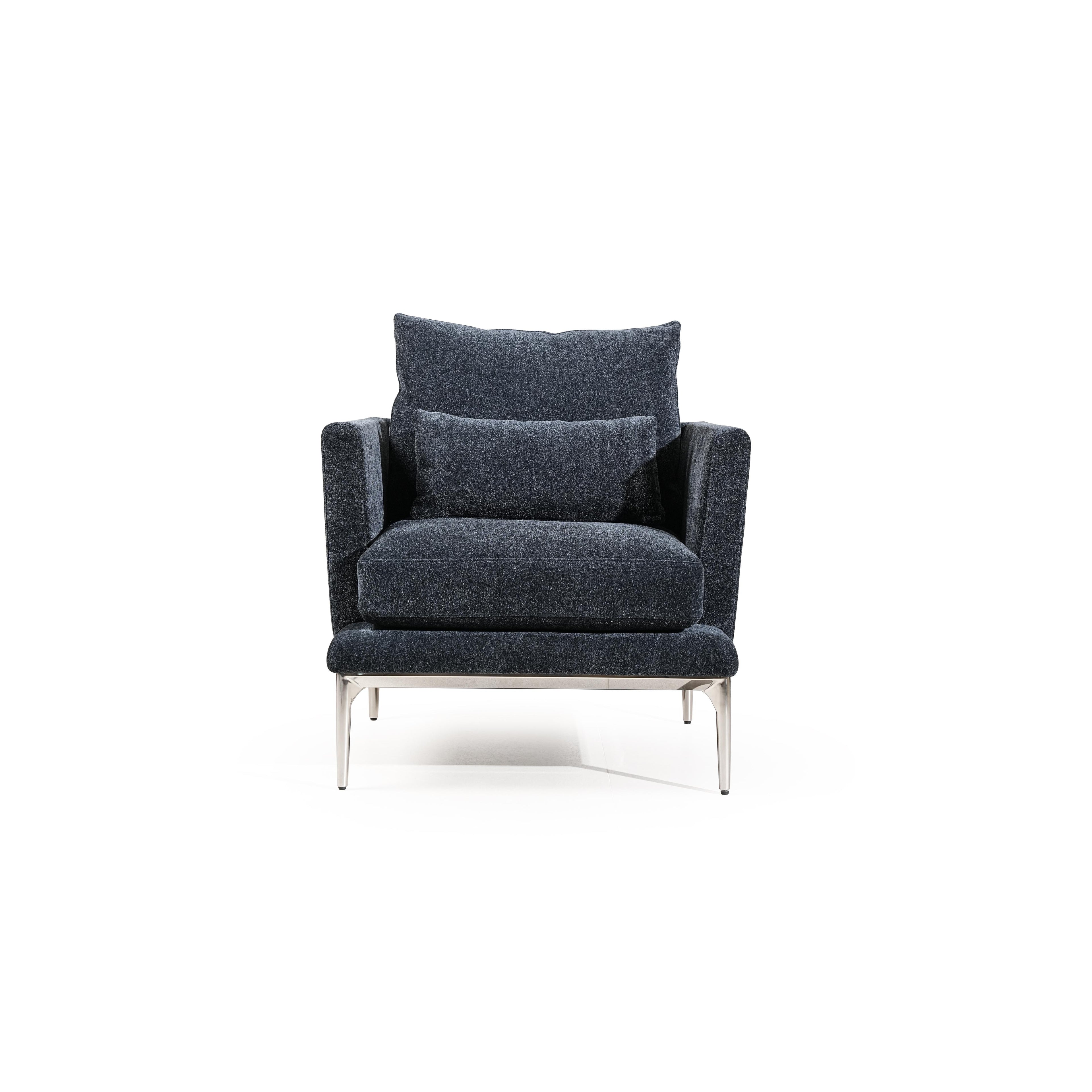 Armchair with dark gray textured fabric upholstery, featuring a rectangular backrest, padded seat, and matching armrests supported by four slender metallic legs. Intended for seated comfort in living spaces. Category: furniture/armchairs