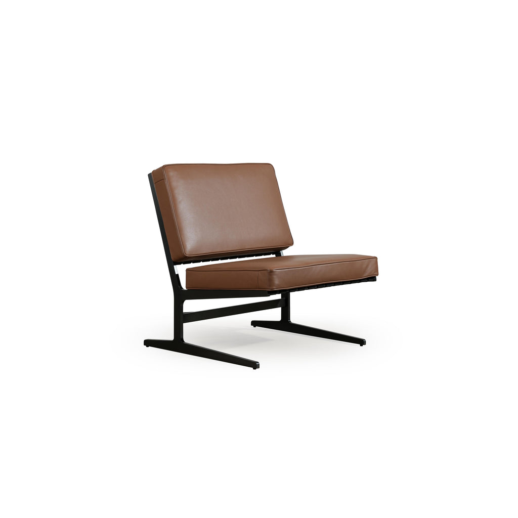 This is a single-seater lounge chair with a brown upholstered seat and backrest supported by a black metal frame. It features a low-profile, angular base with two splayed legs. The cushions are stitched along edges, and the frame includes horizontal slats beneath the seat. Intended for casual seating, it offers a minimalist aesthetic. Category: Furniture > Chairs > Lounge Chairs